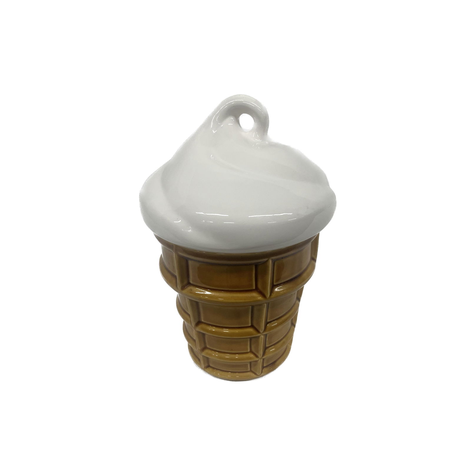 MCM Large Ice Cream Cone Ceramic Cookie Jar: Mid Century Modern Large Art Vanilla Ice Cream Wafle Cone Ceramic or Porcelain Cookie or Bisquit or Waffle Cone Lidded Jar Made in Japan Condition Good No Chips Dimensions aprox 11 inches Tall with Sw