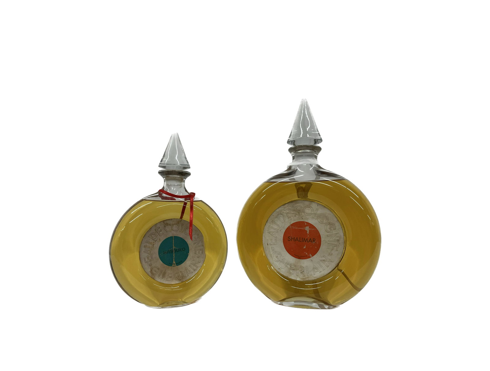 Vintage Large Guerlain Perfume Bottle Lot Shalimar Mitsouko: Vintage Large Guerlain Eau De Cologne Perfume Bottle Lot Shalimar 12 Inches Tall 90% Alcoolique Mitsouko 10 Inches Tall Paris France French Glass Bottle with Stopper Condition Almost Untouched Out of 