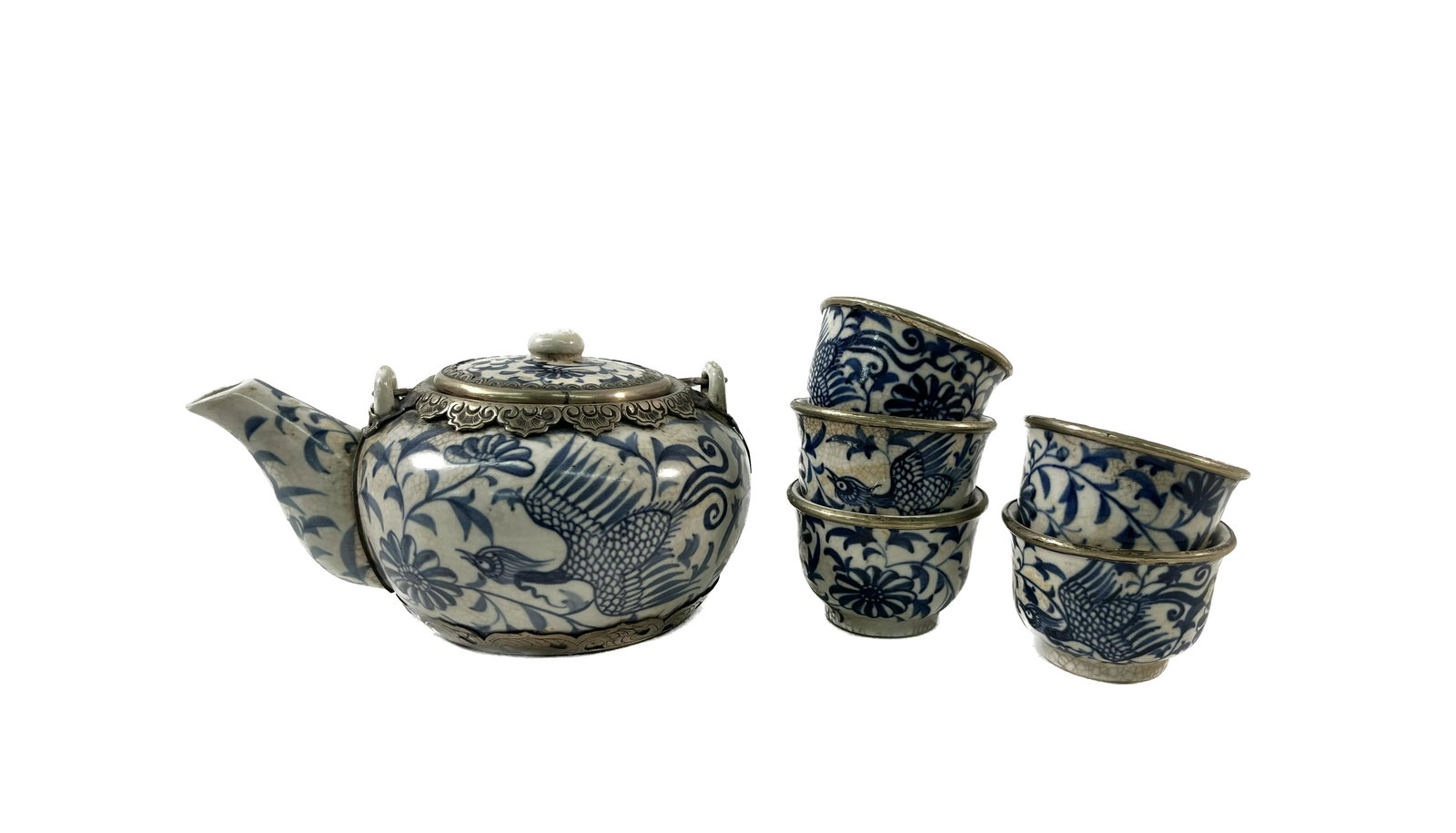 Chinese Blue & White Porcelain Tea Set: Antique Chinese Blue and White Porcelain and Nickel Silver Tea Set 6 Pc Five Cup 1.75" H 2.75" D Teapot 4" H 7" L Phoenix or Crane Bird Floral Motif Crackle Condition Consistent with Age Please look a