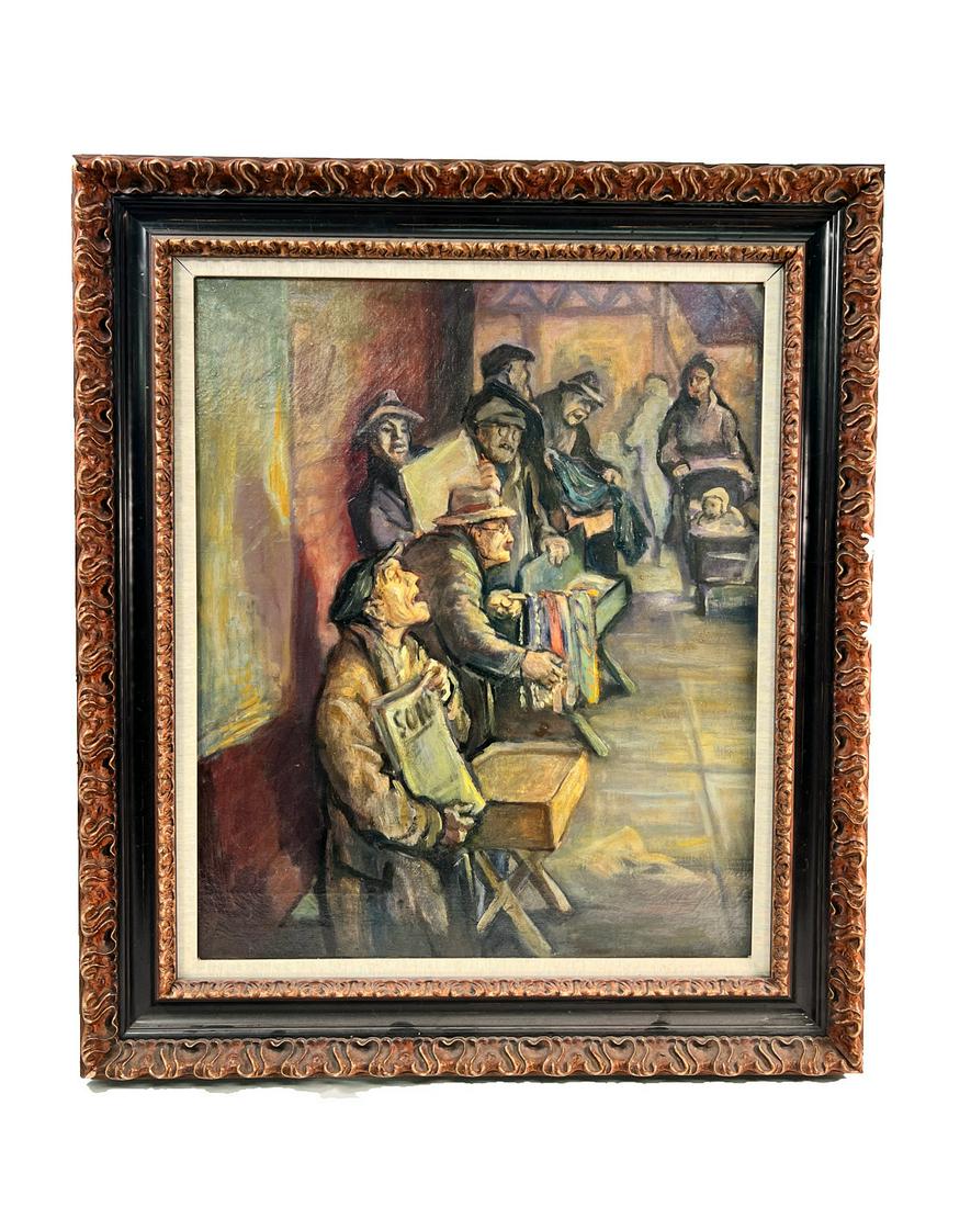 Don Freeman (NY 1908-1978) Dated 1939 Large Oil: Don Freeman ( American 1908-1978 ) " Pitchmen 14th Street " Dated 1939 Pre WWII Oil on Canvas Painting Dated Signed 7 Titled on Back 34" L 39" H Canvas 25" L 30" H In Overall Good Condition Please loo