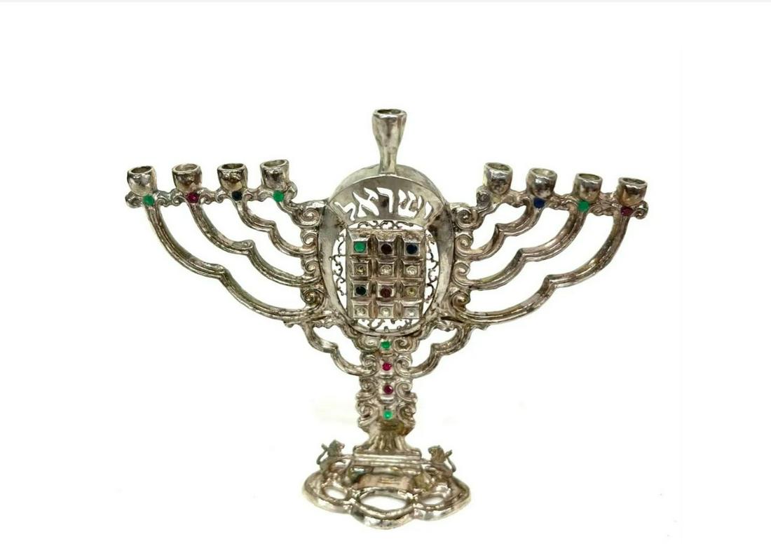 Judaica Sterling Gemstone Menorah: Sterling Silver Hanukkah Menorah Semi Precious Gem Stone Ruby Sephire Emerald Mounted Set or inlaid like the High Priest or Rabbi Wore on his breastplate signifying the 12 Jewish Tribes and ' Israel '