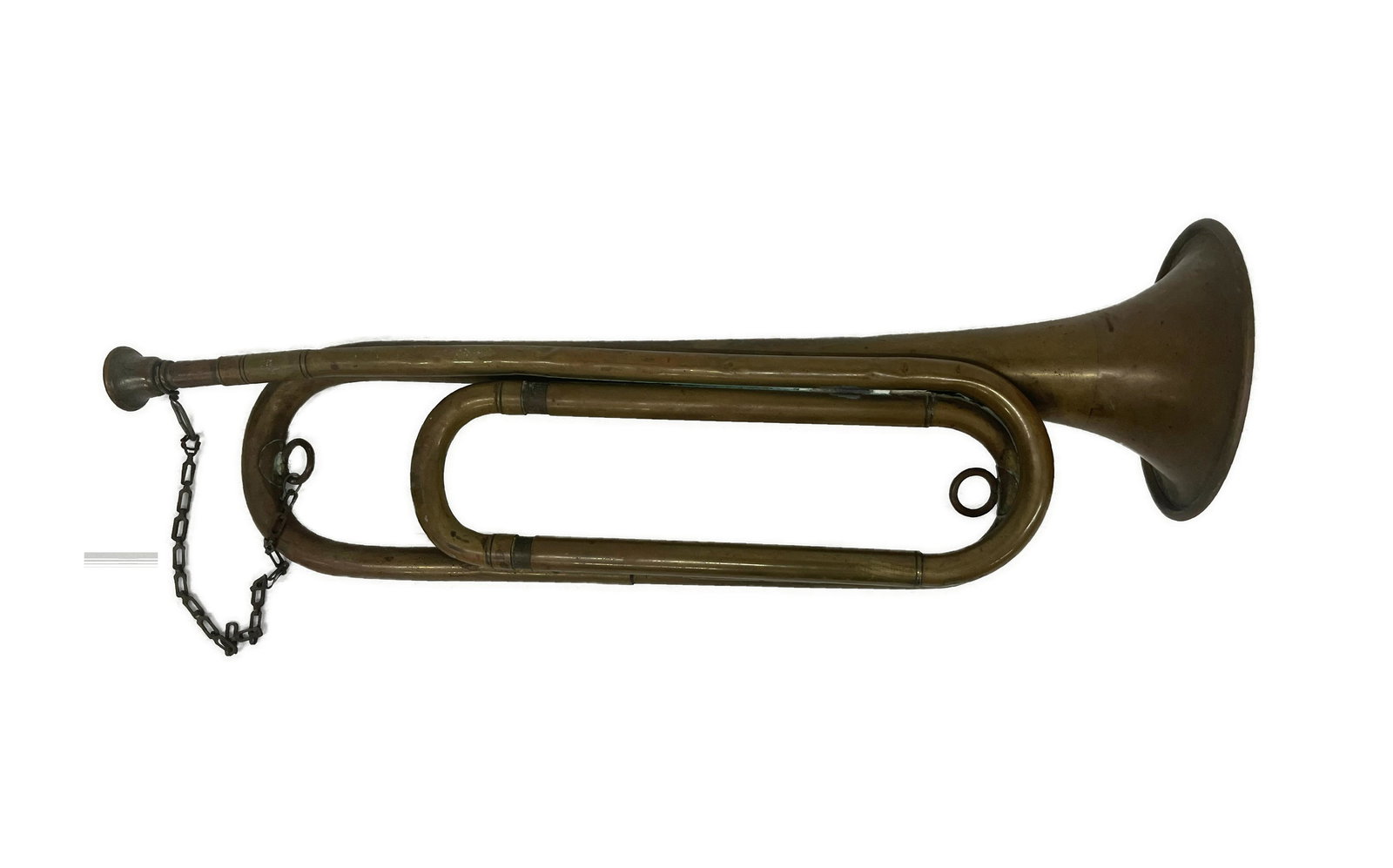 WWII Military Bugle Field Trumpet: WWII Brass Military Bugle Field Trumpet with attached Chain and Carry Pouch Minor Dents 17" L Condition Consistent with Age Please look at Photos Closely Out of a New York City Estate