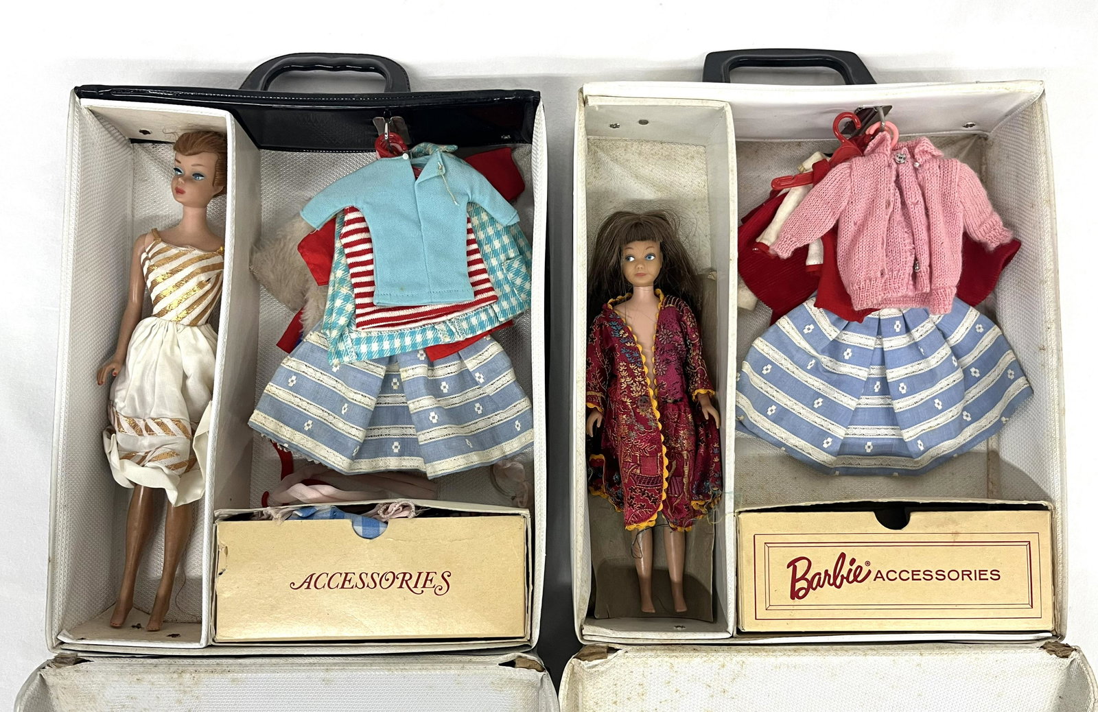 1963 Barbie Dolls Cases & Accessories: 1963 Barbie Dolls & Accessories with Cases Assortment Lots of Outfits included 12.5" L 10.5" W in Overall Good Condition consistent with age Please look at Photos Closely Out of a New York City Estate
