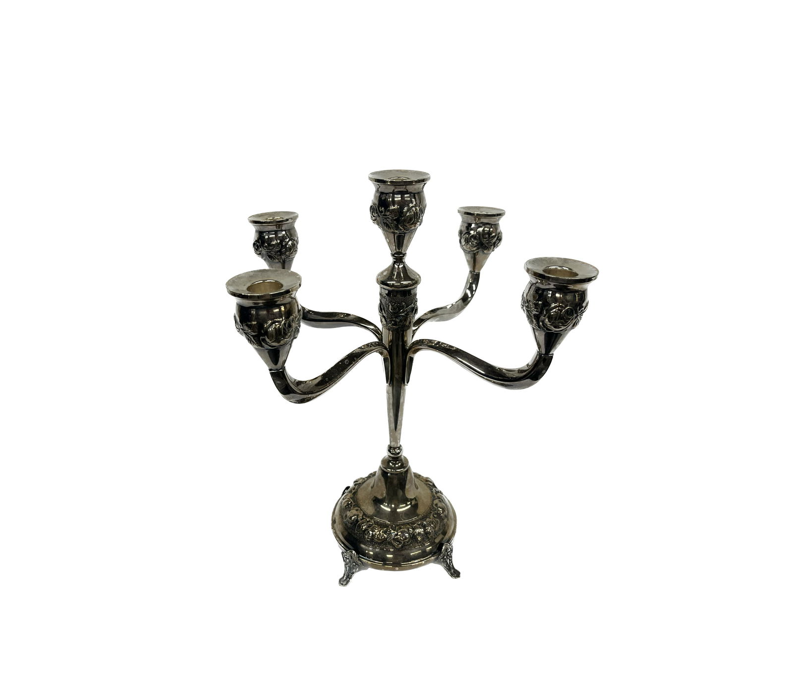 Hazorfim Sterling Silver Candelabra: Hazorfim Sterling .925 Silver 5 Light Candelabra Israel Judaica 4 Branch Raised on Four Splay Feet Baroque Rococo Repousse Brocading Art Nouveau 16.5" H 10.75" D Total Weight 981.5 Grams Marked Hallma