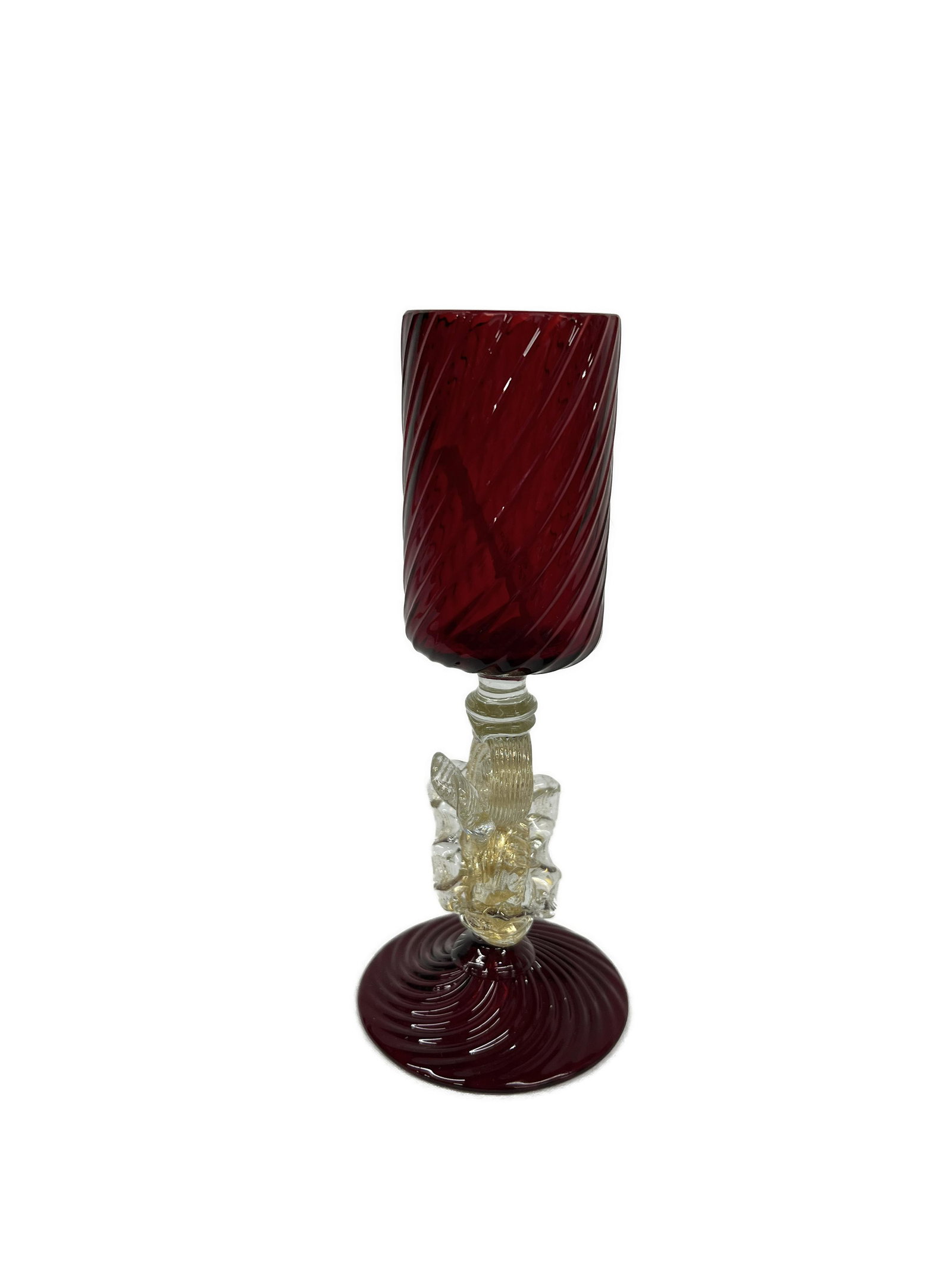 Venetian Art Glass Ruby Red Goblet Vase: Venetian Art Glass Ruby Red with Gold Goblet Dolphin Motiff Vase Kiddish Cup Dimensions 7.5'H x 2" Top Diameter No Chips No Cracks No Repairs Pre-Owned Condition Please Refer to Photos Out of New York