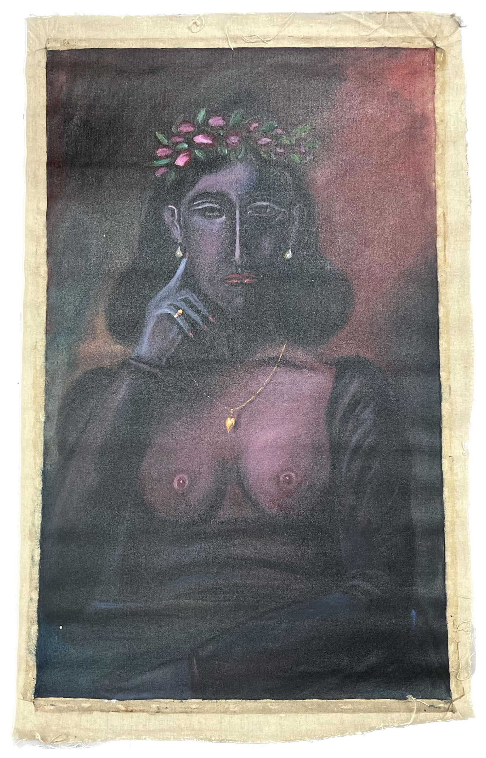 Benjamin Levy (Israeli/American B. 1940) Nude Woman: Benjamin Levy ( Israel / American B. 1940 ) Nude Female Figure Oil on Canvas Painting Never Stretched Depicts Nude Lady in Purple in a Pose Mid-Century Modernist 49" H 31" L Home Decor Oil Painting St