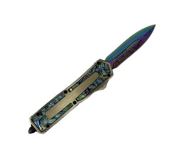 Microtech Scarab Abalone Switchblade Knife 8.5": Microtech Scarab D/E Abalone OTF Switchblade Knife 8.5" Highly Detailed Iridescent Double Edge Blade Gemstone & Aluminum USA Dual Action Thumb Slide Steel Blade Dagger DLC Minimal Wear in Overall Good