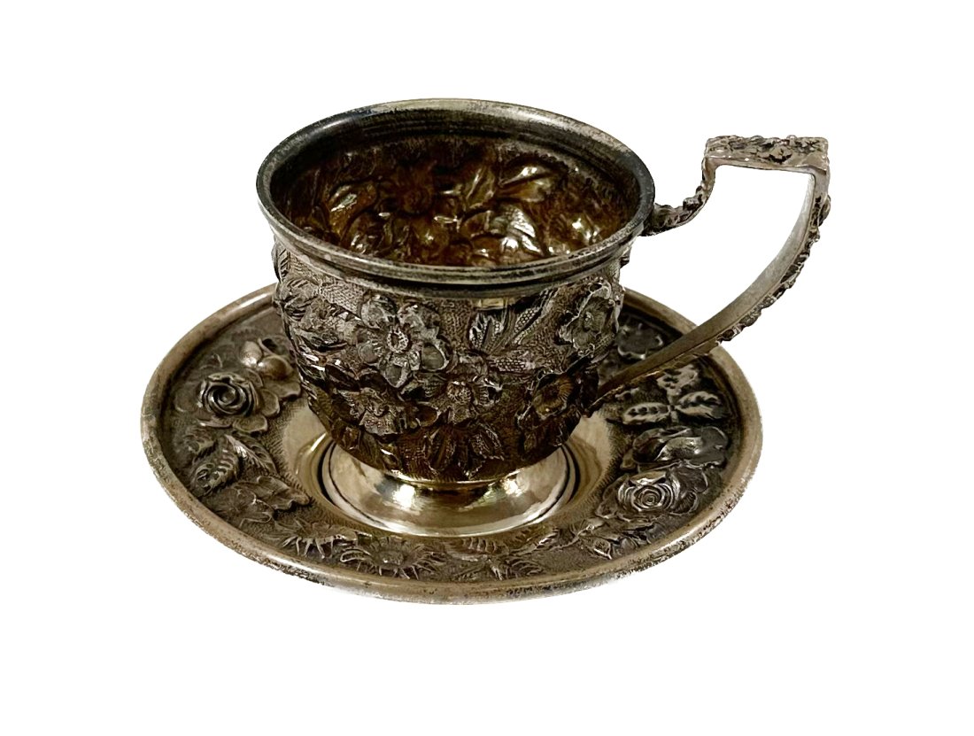 Art Nouveau Sterling Silver repousse Cup & Saucer (1 of 13)