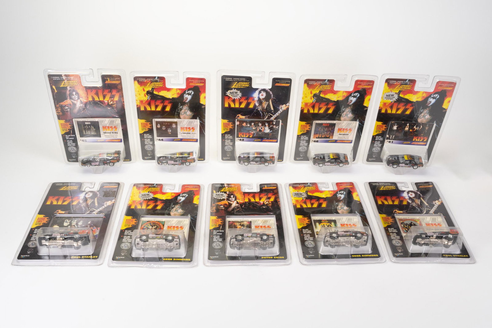Lot Of 10 Johnny Lightning KISS Race Cars With Card Gene Paul Ace Peter: Lot Of Ten Johnny Lightning KISS Race Cars With Card Gene Paul Ace Peter In Overall Good Condition Please look at Photos Closely Out of a New York City Estate