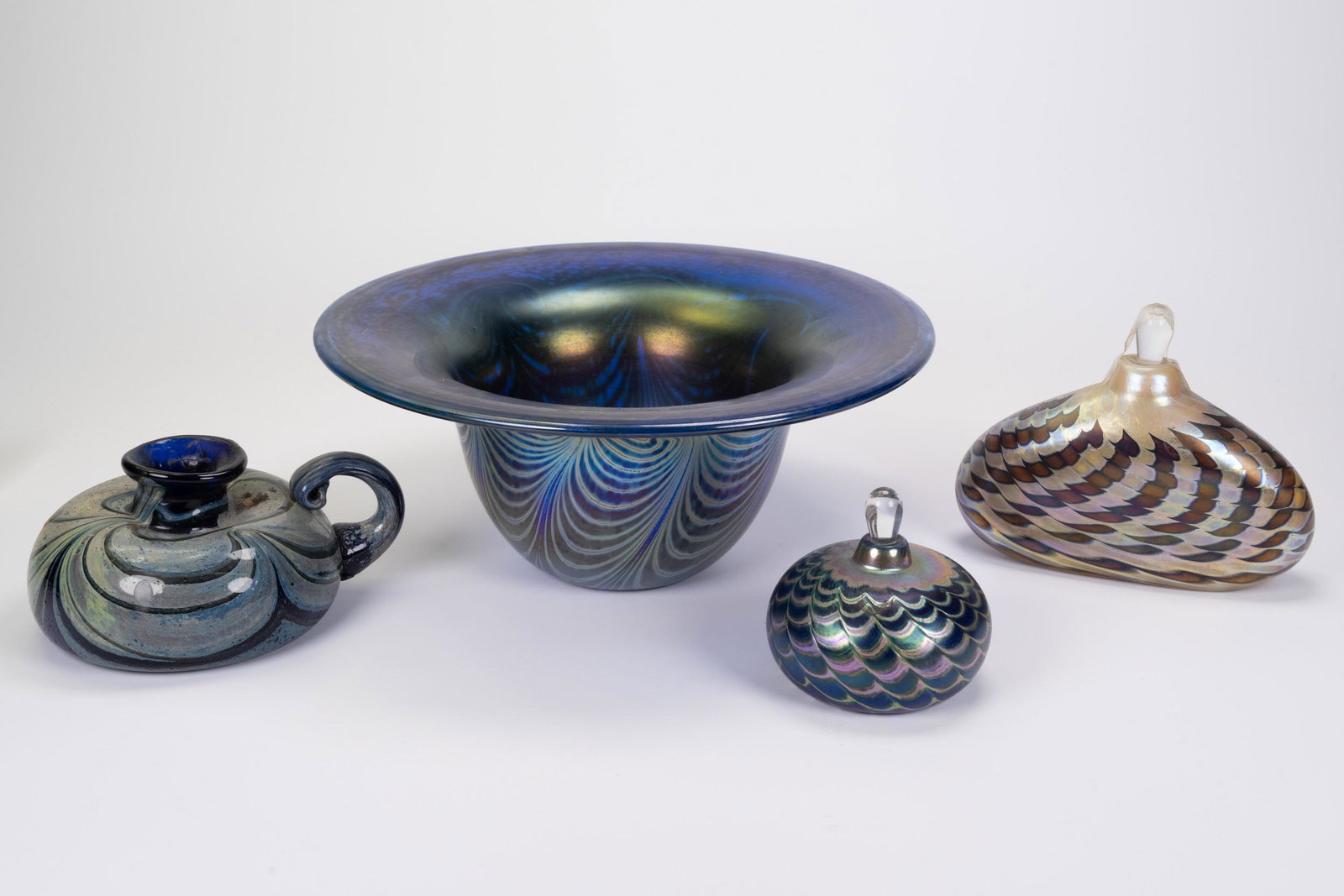 Fellerman Handmade Bowl Perfume Bottles and Teapot? Blue Swirl Design All Signed: Fellerman Handmade Bowl Perfume Two Bottles and Teapot Blue Brown Swirle Design All Signed In Overall Good Condition Please look at Photos Closely Out of a New York City Estate