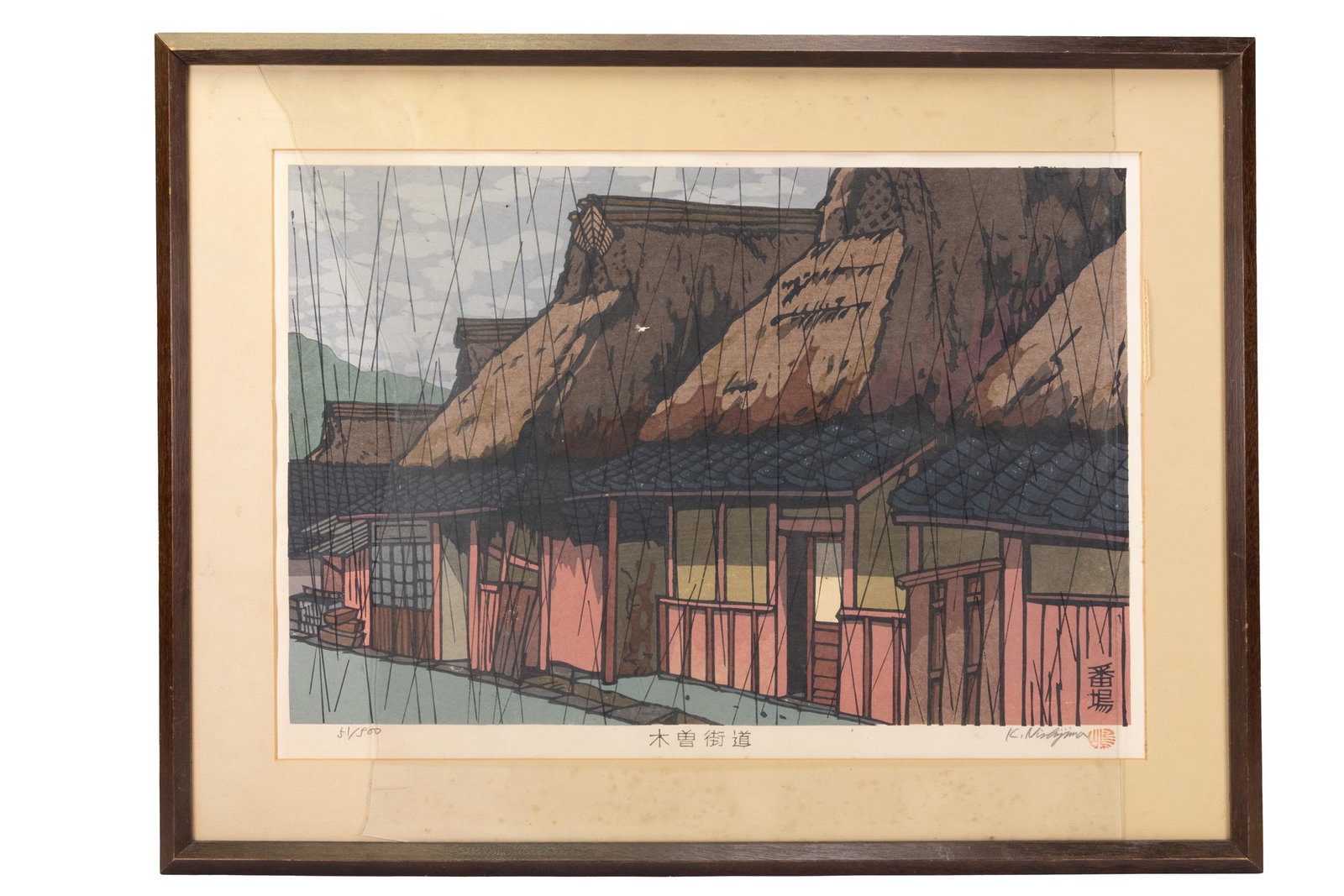 Katsuyuki Nishijimi ( B. 1945) Rain: Katsuyuki Nishijimi ( Born 1945 - ) Titled Rain 24" x 18.5" Framed (Broken Glass) Nishijima woodblock print In Overall Good Condition Please look at Photos Closely Out of a New York City Estate