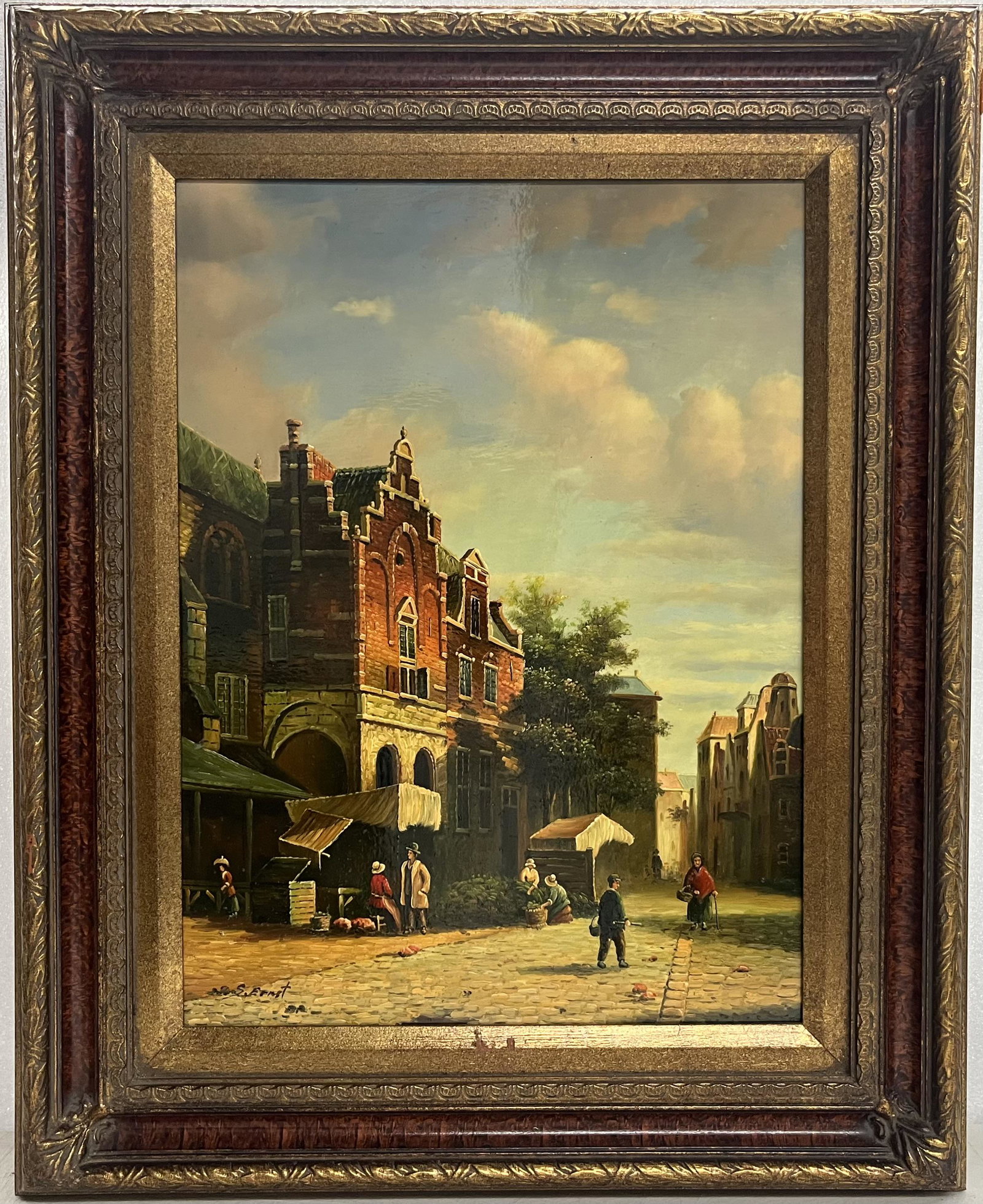 Exceptional Dutch Street Scene Oil on Board: Exceptional Dutch Street Scene Oil on Board Signed illegible Lower Left European Style Street Scene Landscape Impressionist 21.5" H 17.5" L Oil 16" H 12" L in Overall Good Condition Please look at Pho