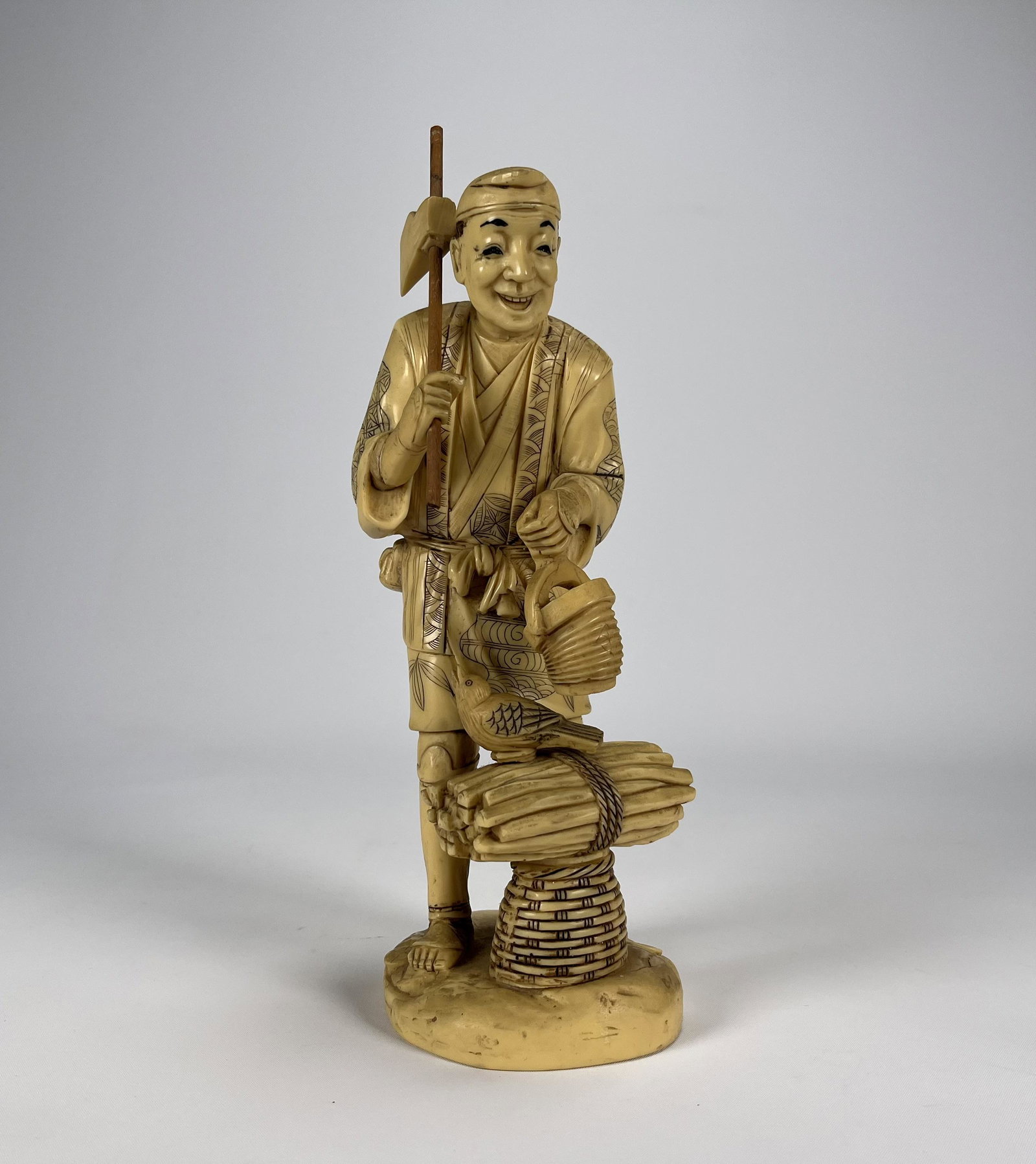 Chinese Carved Sculpture: Antique Chinese Carved White Coral or Bone Woodsman Sculpture Man Woodcutter Statue with Bird Beneath him Carved in High Relief 11" H in Overall Good Condition Please look at Photos Closely Out of a N