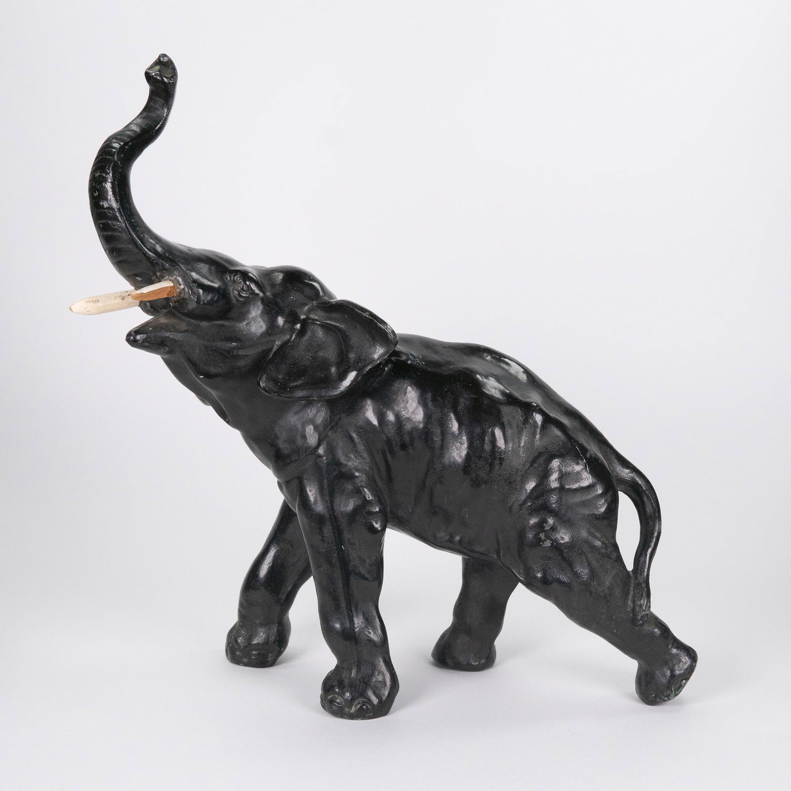 Art Deco French Metal Elephant Sculpture: Elephant Spelter Metal Sculpture Figural Zoo Animal Farm Pet Figurine Wood Fangs Ivory Color Tusk Black 24" H 13.5" L 5.5" W Left Fang is damaged In Overall Good Condition Please look at Photos Closel