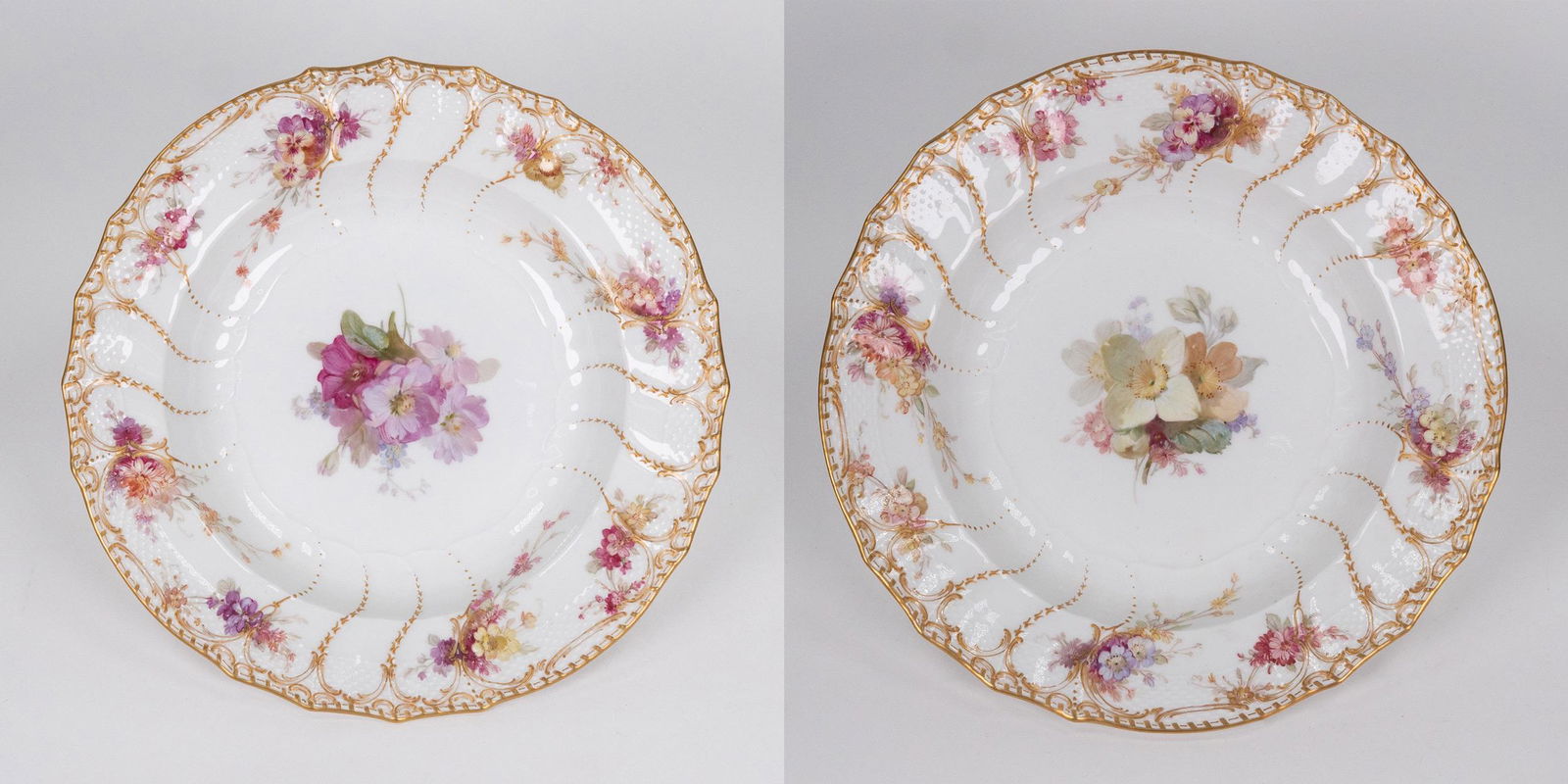 Antique KPM Porcelain Hand Painted Bowl Lot: Antique German KPM Porcelain Hand Painted Bowls made by KPM in early 20th Century Gold Gild Amazing Detailed Gold Work Art Nouveau Beautiful Floral Motif 9"W 1.75"H Underneath marked KPM Perfect Condi
