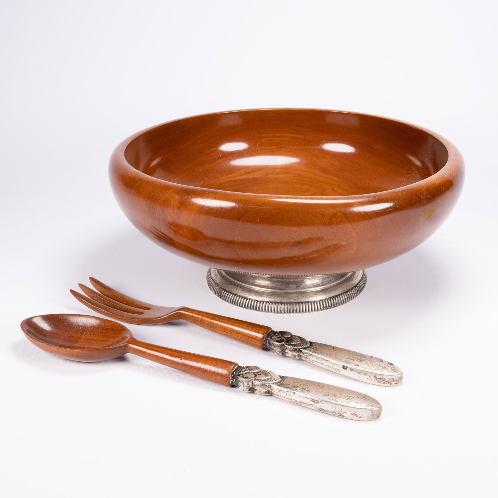 Mahogany & Sterling Silver Bowl Salad Set: Mahogany With Sterling Silver Base Salad Bowl Fork and Spoon Three Piece Set Silver Base Marked: "Sterling 1181" Bowl marked: " Made in Haiti". Fork & Spoon Marked: " Made in Haiti" and " Sterling Han