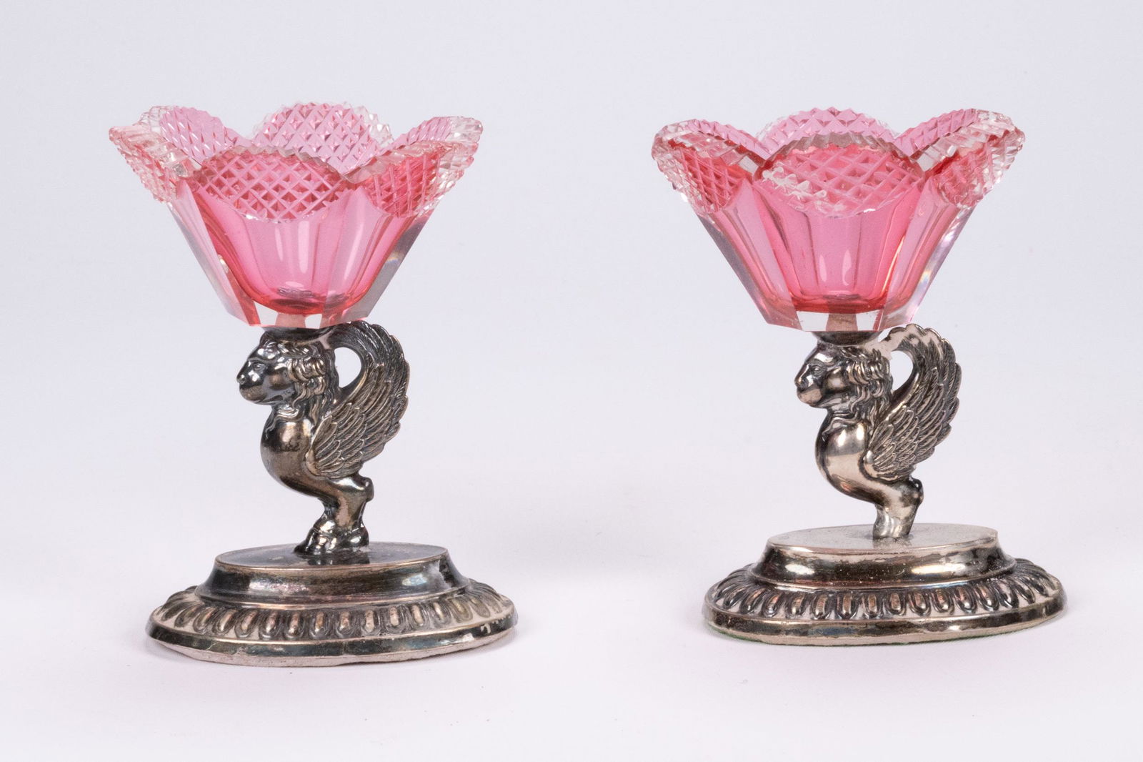 Bohemian Pink Cut Glass Compote Sterling Silver Pair (1 of 3)