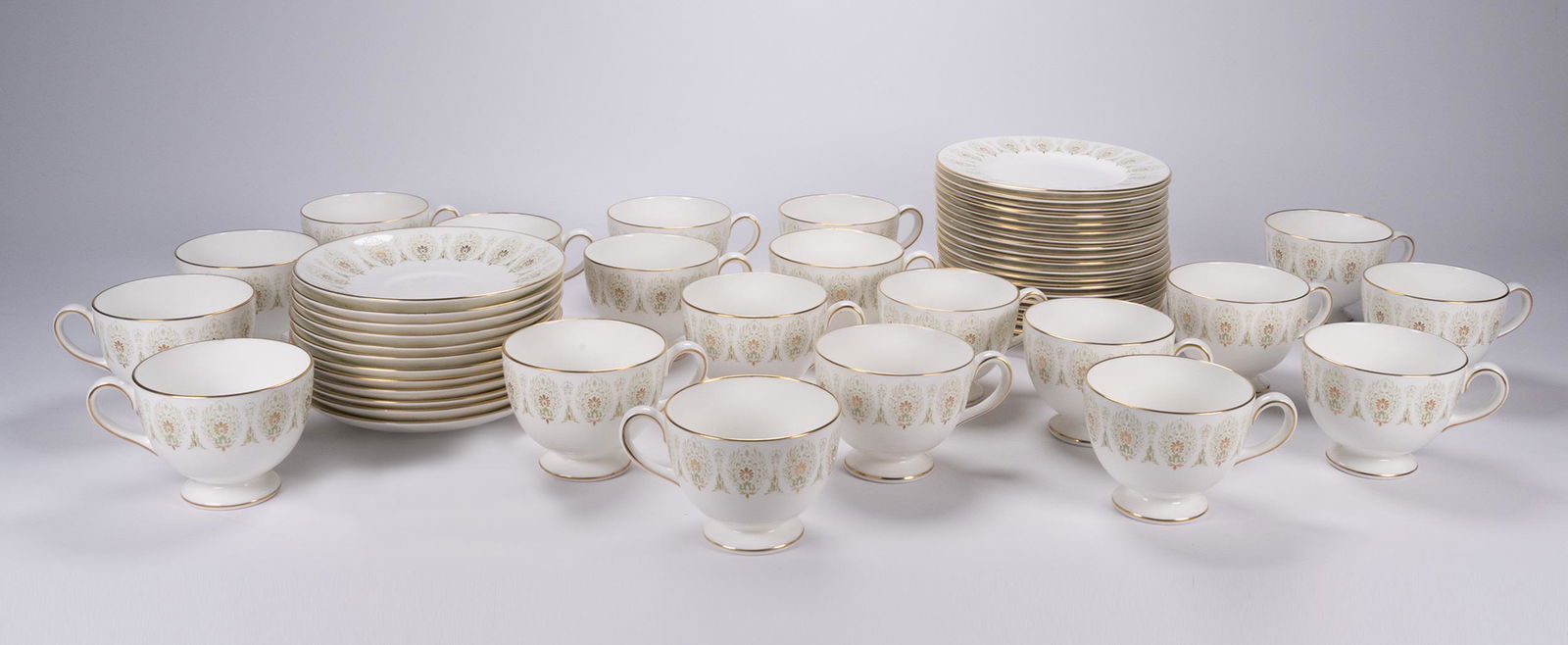 Wedgwood Porcelain Dinner Service 52 Pc: Medina Beige by Wedgewood Dinnerware Set Dinner Service Circa 1966-1972 52 Piece Set Include: 20 Tea cups Each piece stamped Underneath "Wedgwood Bone China Made in England" Dimensions: 2.5"H 3.25"W 1