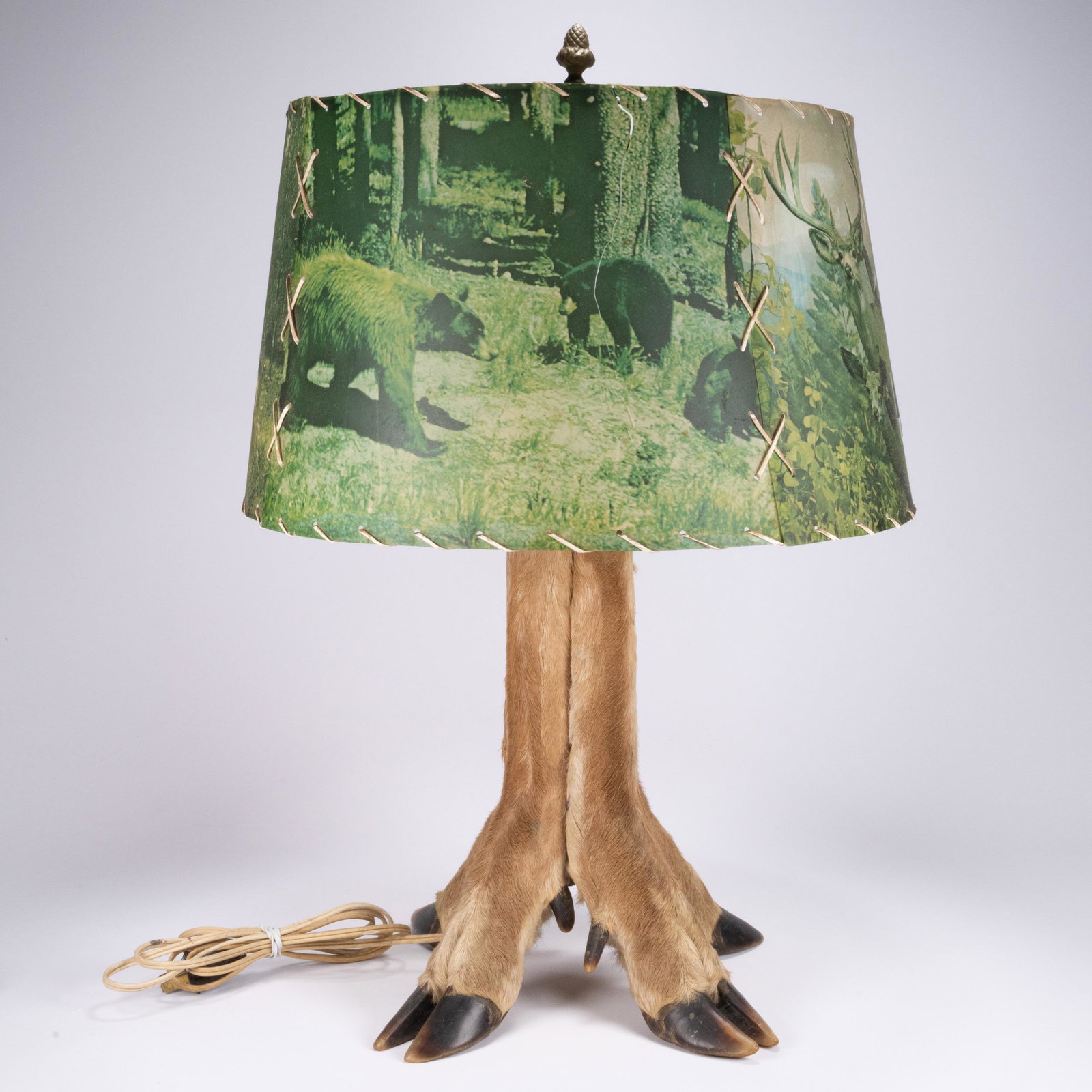 Taxidermy Deer Leg Hoof Lamp With Shade: Taxidermy Deer Leg Hoof Lamp With Outdoor Wildlife Bear Camping Scene Shade has slight crack But Can Be Easily Replaced In Overall Good Condition Please look at Photos Closely hunting hunter gauge sho
