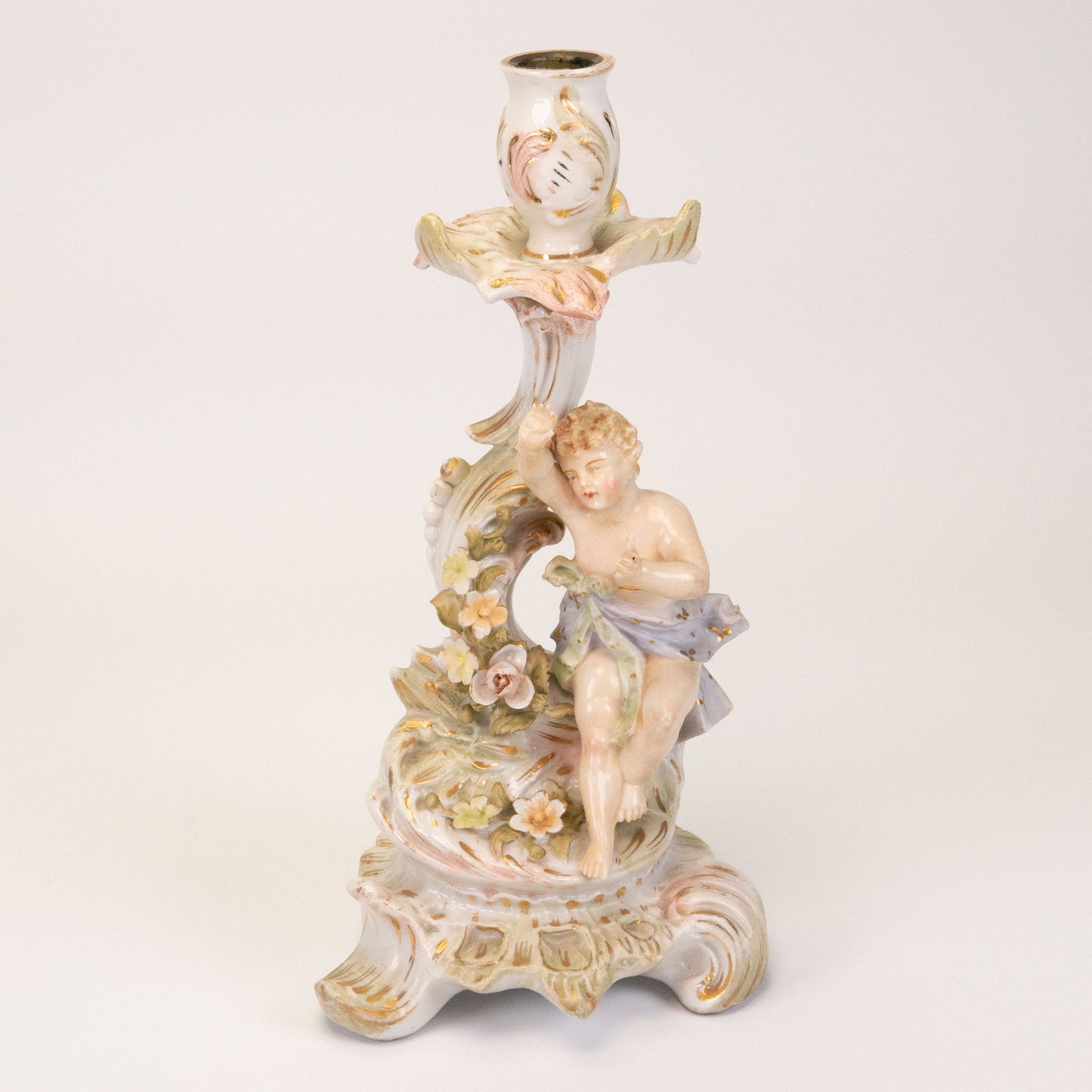 19th c. French Porcelain Candelabra Cupid: 19th Century French or German Porcelain Candalabra Cupid or Cherub Angel meissen kpm sevres royal vienna ?? In Overall Good Condition Please look at Photos Closely Out of a New York City Estate