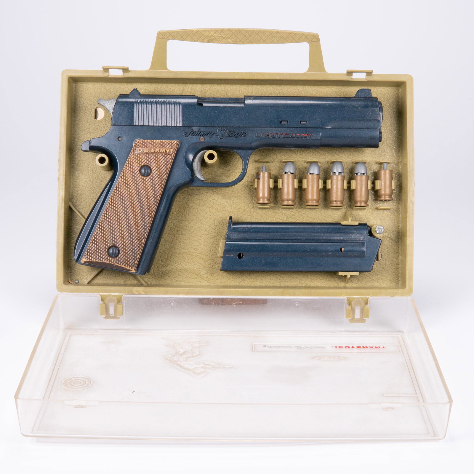 Topper Johnny Eagle Lieutenant Army .45 Toy Gun: Topper Johnny Eagle lieutenant Army.45 Toy Handgun Circa 1962 2 Bullets Missing But All 6 Shell Casings Ate Present Hand Gun And Clip Work Perfectly Bullets Are Reusable Packed In Plastic Case With In