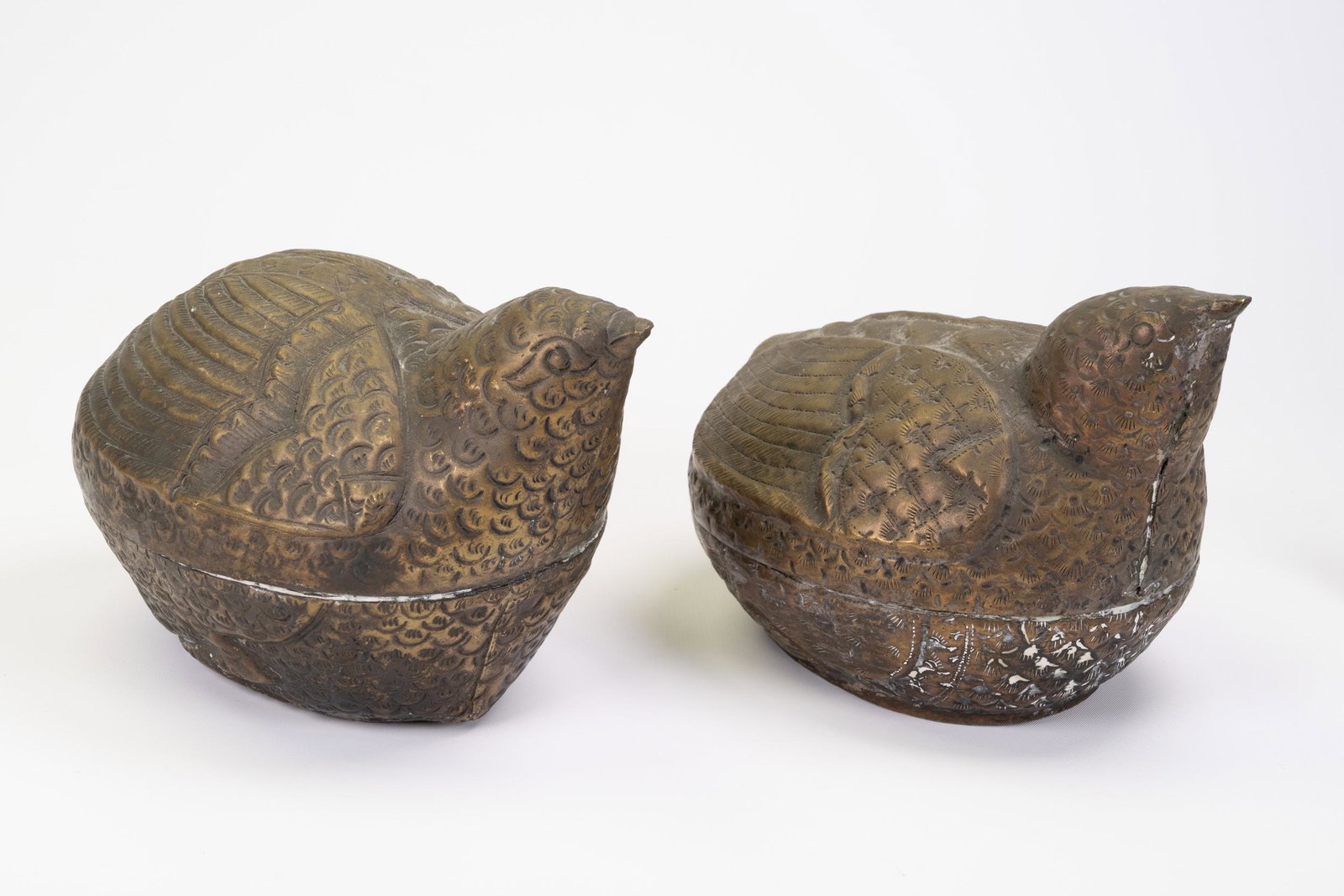 Chinese Cambodian Bird Box Pair: Chinese / Cambodian Silvered Bird Box 6" Long 5" High Out of a New York City Estate