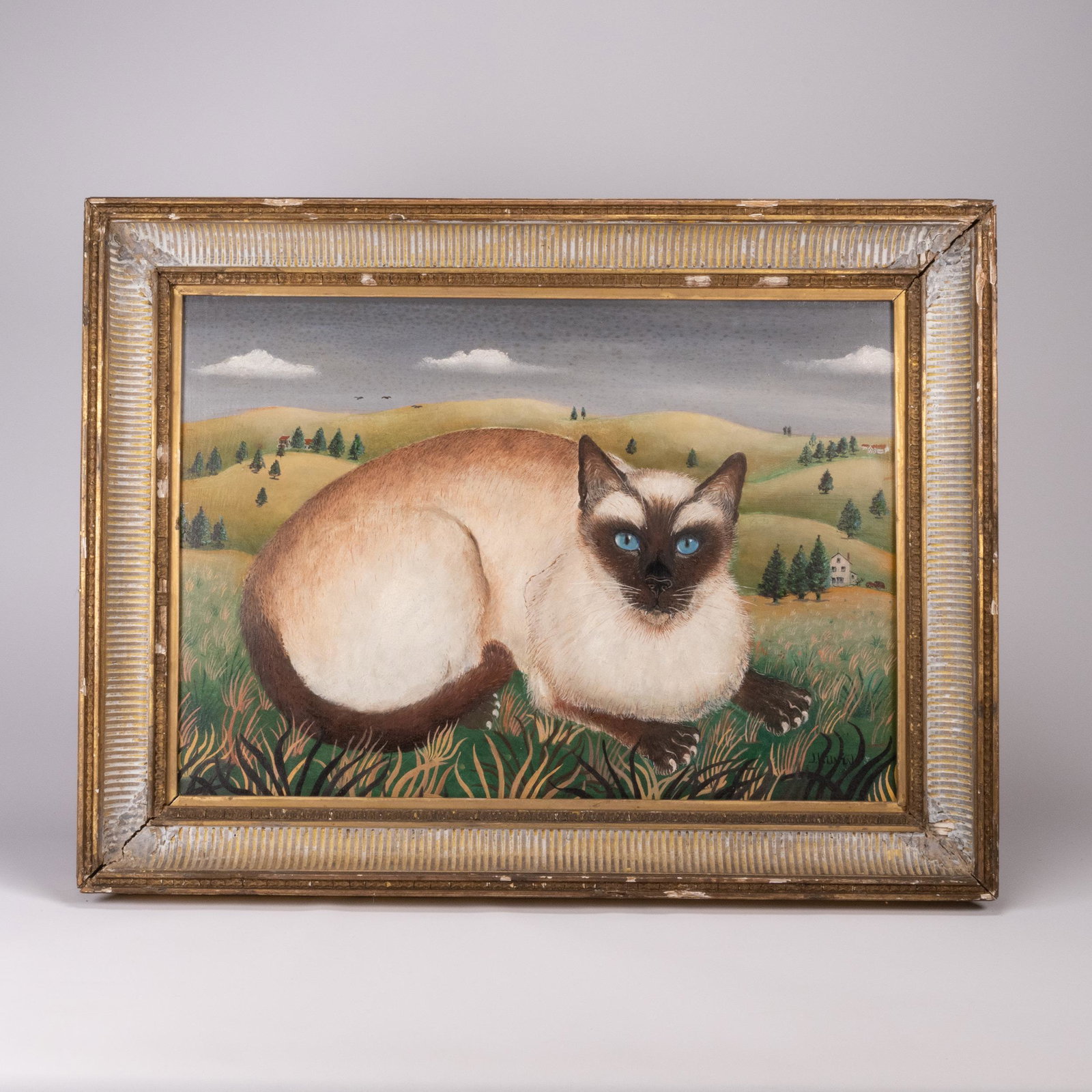 Antique Folk Art Cat Oil on Board Signed Illegible (1 of 4)