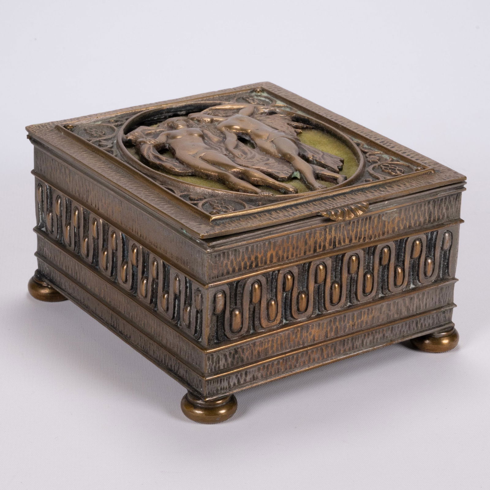 Oscar Bach (American 1884-1957) Bronze Signed: Oscar Bruno Bach ( American 1884 - 1957 ) Sigend Art & Craft Silvered Bronze Jewelry Vanity Casket Box Cigar Humidor Gilt Metal Insert Depicting Two Nude Female Figures to the Hinged Lid Signed Unders