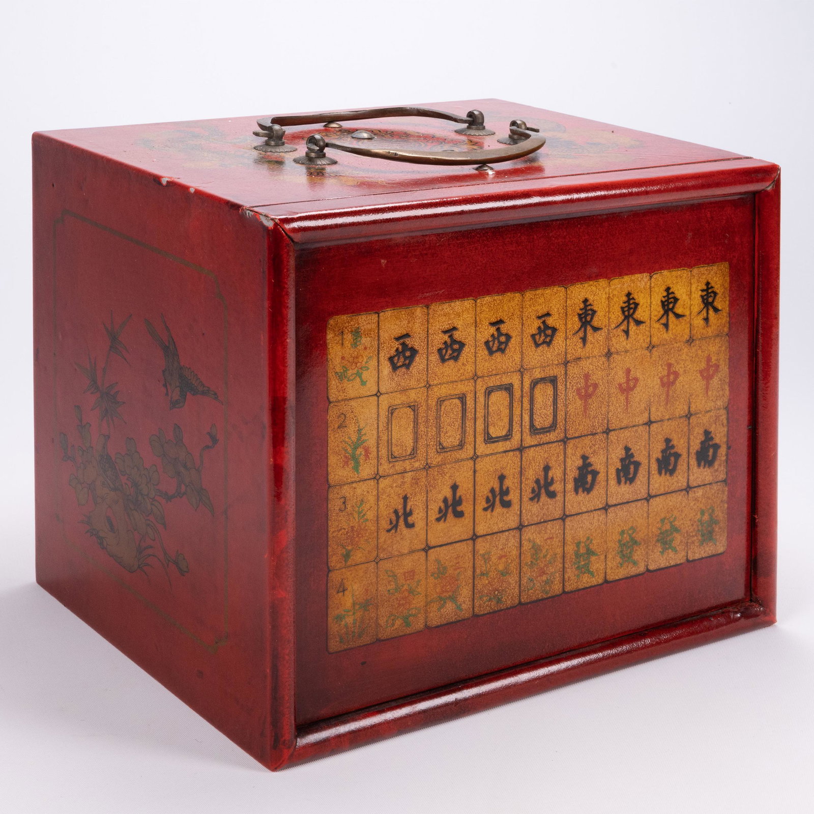 Chinese Mah Jong Set Early 20th Century 148 pcs: Chinese Mah Jong Set Early 20th Century Bone 148 Piece Set Lot Tiles with intricate design of Dragons birds and flowers Hand Made Mahjong Hand Carved Hand Painted Bone In a Red laquered Box 7 1/4"H x 