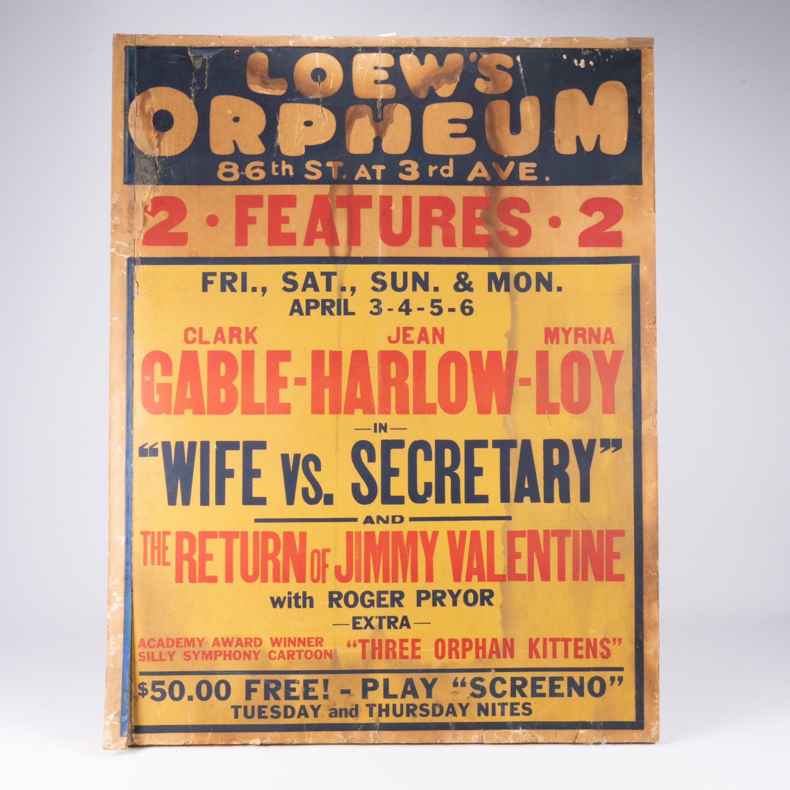 Original 1936 Movie Billboard Wall Sign For Wife vs Secretary (1 of 2)
