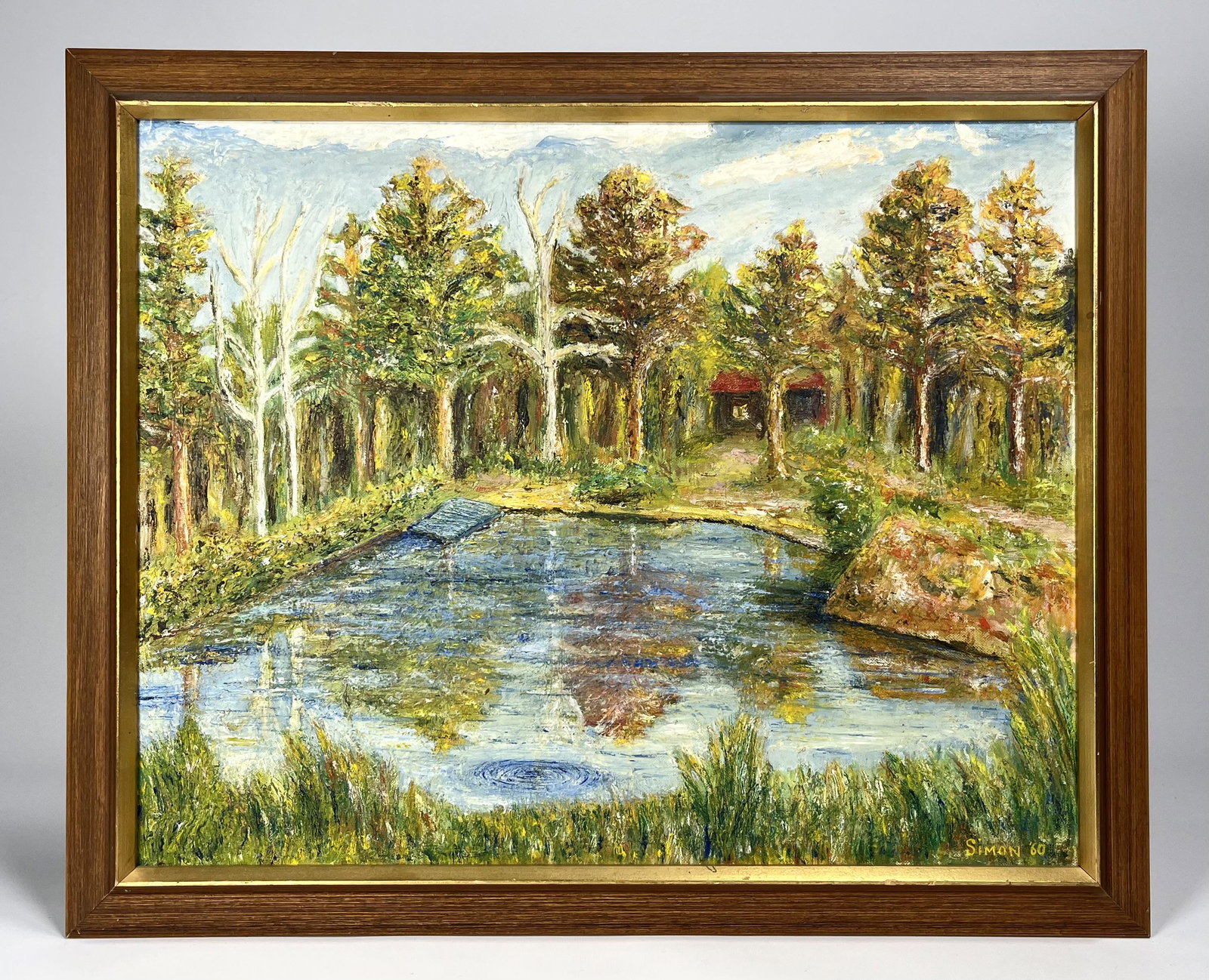 Mollie Simon ( American 1891 - ) Oil on Canvas Landscape: Mollie Simon ( New York New Jersey 1891 - ) Signed and Dated 1960 in Lower Right Corner 18.5"H x 22.5"W Art 15.5"H x 19.5"W In Overall Good Condition Please look at Photos Closely Out of a New York Ci