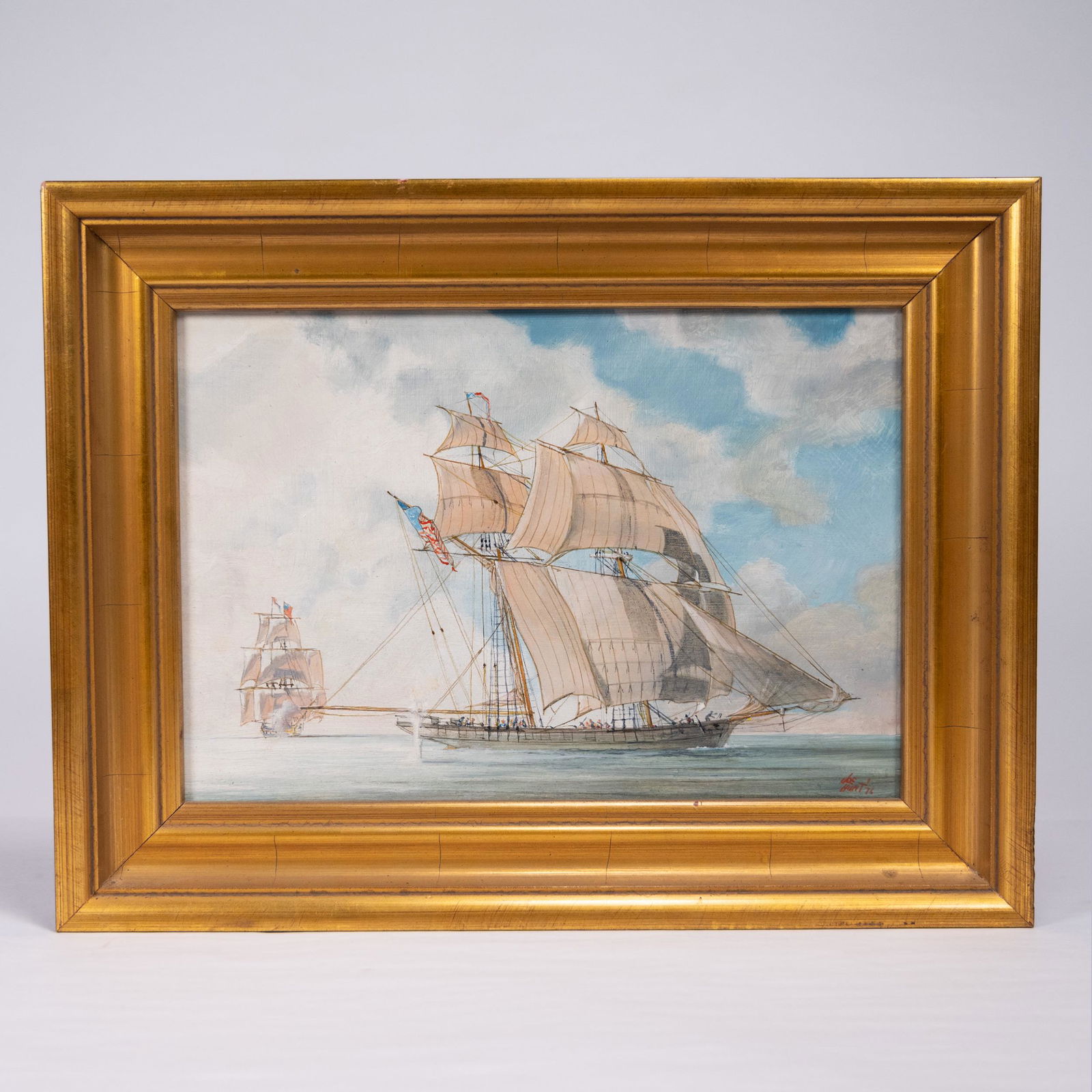 Joe Hunt (American 20th c. ) "Grecian" Seascape Oil: Joe Hunt ( American 20th Century ) Maritime Seascape Ocean Landscape Sailing Ships Oil on Masonite Board Nautical of 1812 Royal Navy "Grecian" to Serve in the West Signed & Dated 1976 Lower Right 15"