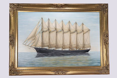 Anthony Thieme Sea Landscape Oil (Attrib): Attributed Anthony Thieme ( American 1888 - 1954 ) Maritime Seascape Sailing Ship " T.W. Lawson " Landscape Oil on Board 43" L 31" H Art 36" L 24" H in Overall Good Condition Please look at Photos Clo