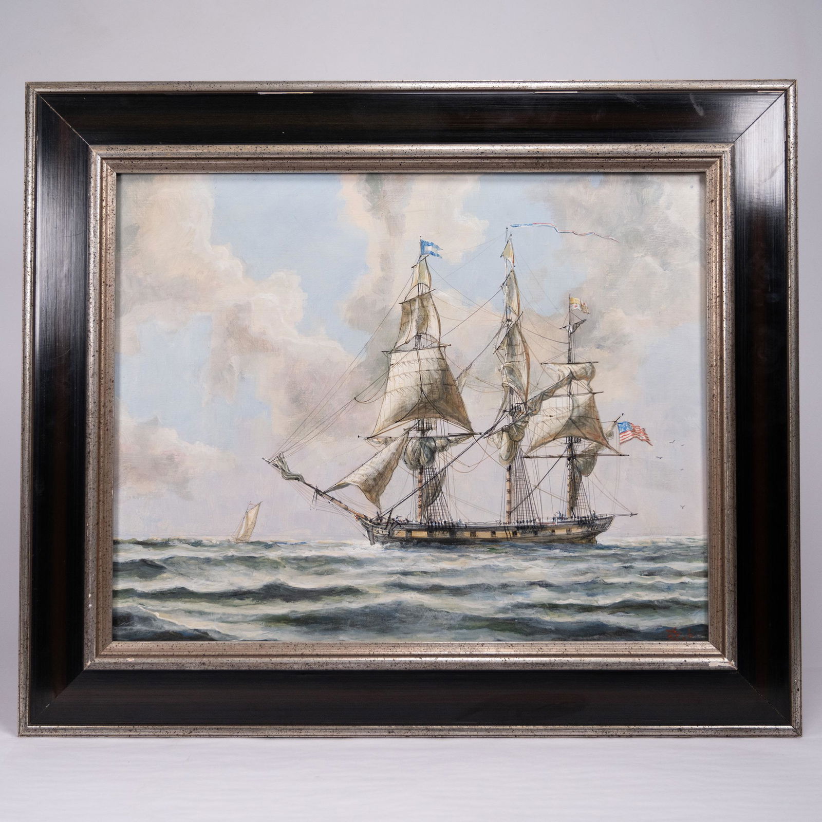 Joe Hunt (American 20th c.) Ship Seascape Oil: Joe Hunt ( American 20th Century ) Sailing Ship Nautical Seascape Oil on Masonite Board Signed & Dated Lower Right 1970 " United States 20 Gun Sloop WASP (1806) Hove to awaiting Dispatches 1812 Early
