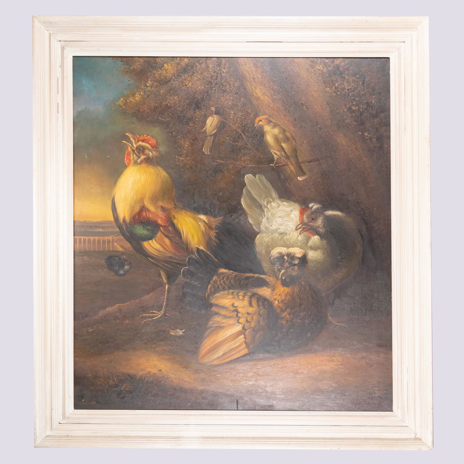 Barnyard Poultry Scenel on Canvas: European Barnyard Poultry Scene on Canvas Attributed Edgar Hunt & John Frederick Herring Depicts a Rural Barnview Genre Scene with Chickens Roosters and Hens on a Farm 40" H 35" L Canvas 33" H 29" L i