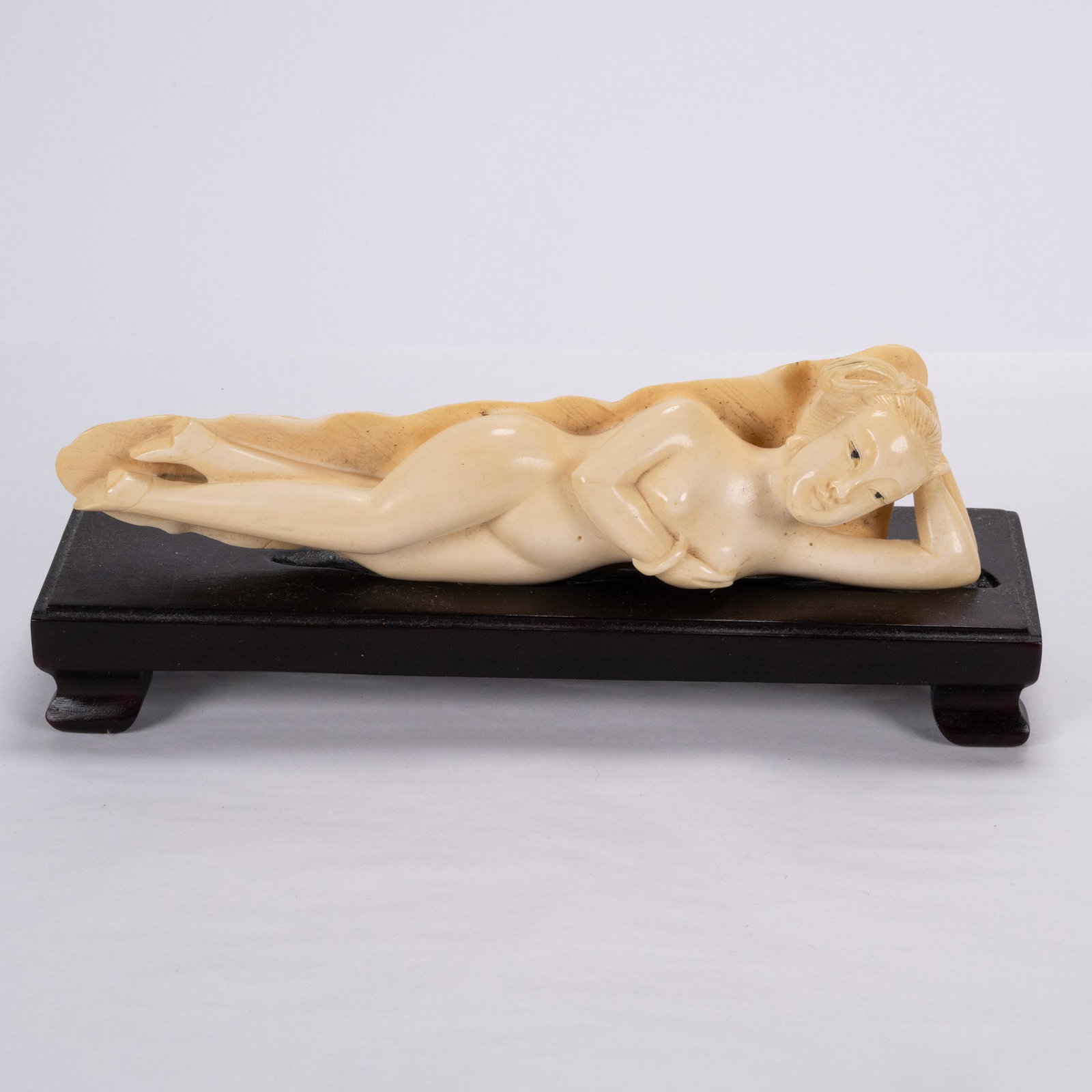Chinese Carved Sculpture Doctor's Doll: Antique Chinese Hand Carved Bone or White Coral Doctor's Resting Naked Woman Sculpture Depicts a Reclining Nude Women atop a Conforming Wood Base Wearing Bracelets 7.5" L Late 19th Century Girl in Ove