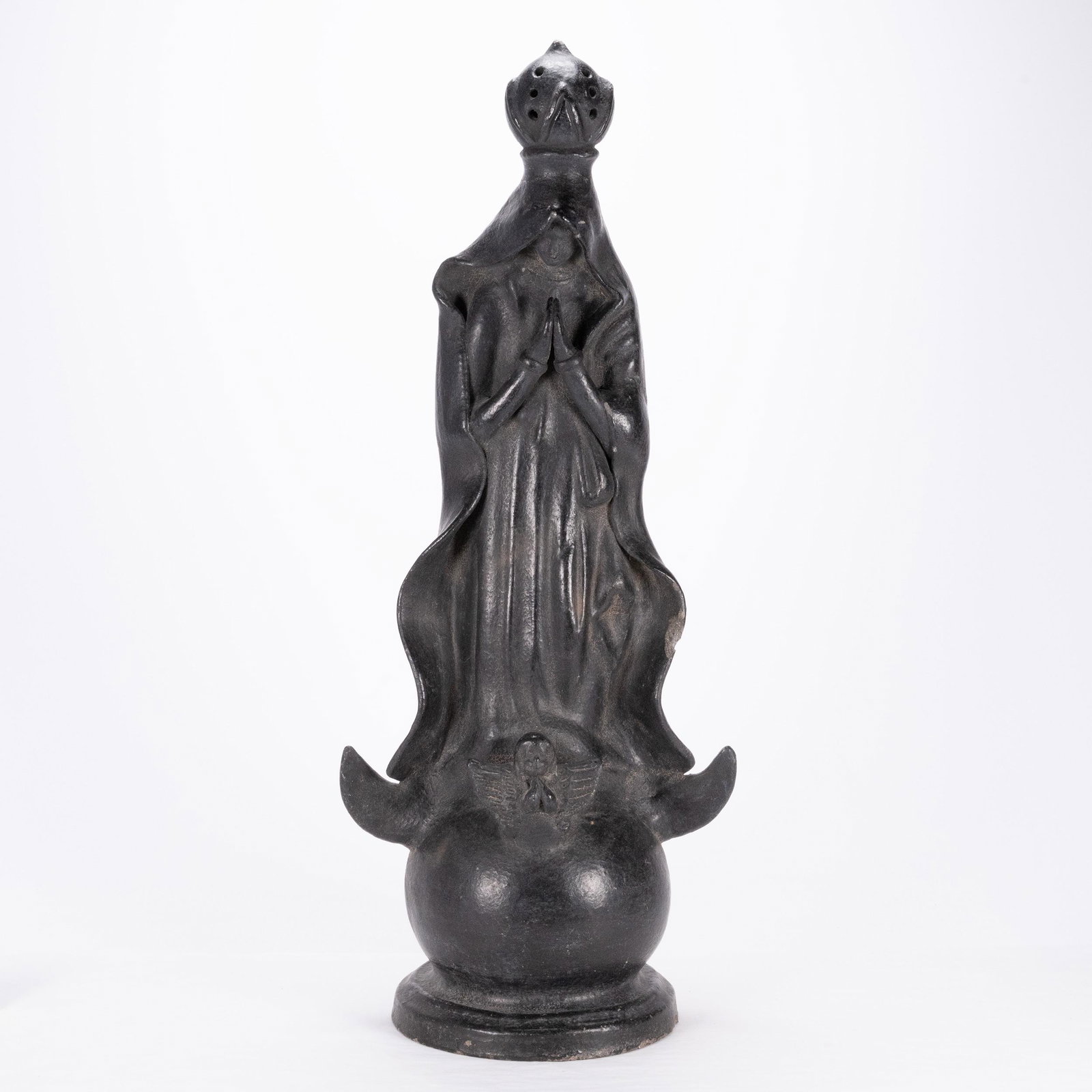 Basalt Virgin Mary Figure: Virgin Mary Madonna and Angel at Her Feet Sculpture 21.5"H x 8.5"L x 6.25"W Due to age Statue Have Minor Scratches of Surface and Chip on the Lower Right Side In Overall Good Condition Please look at 