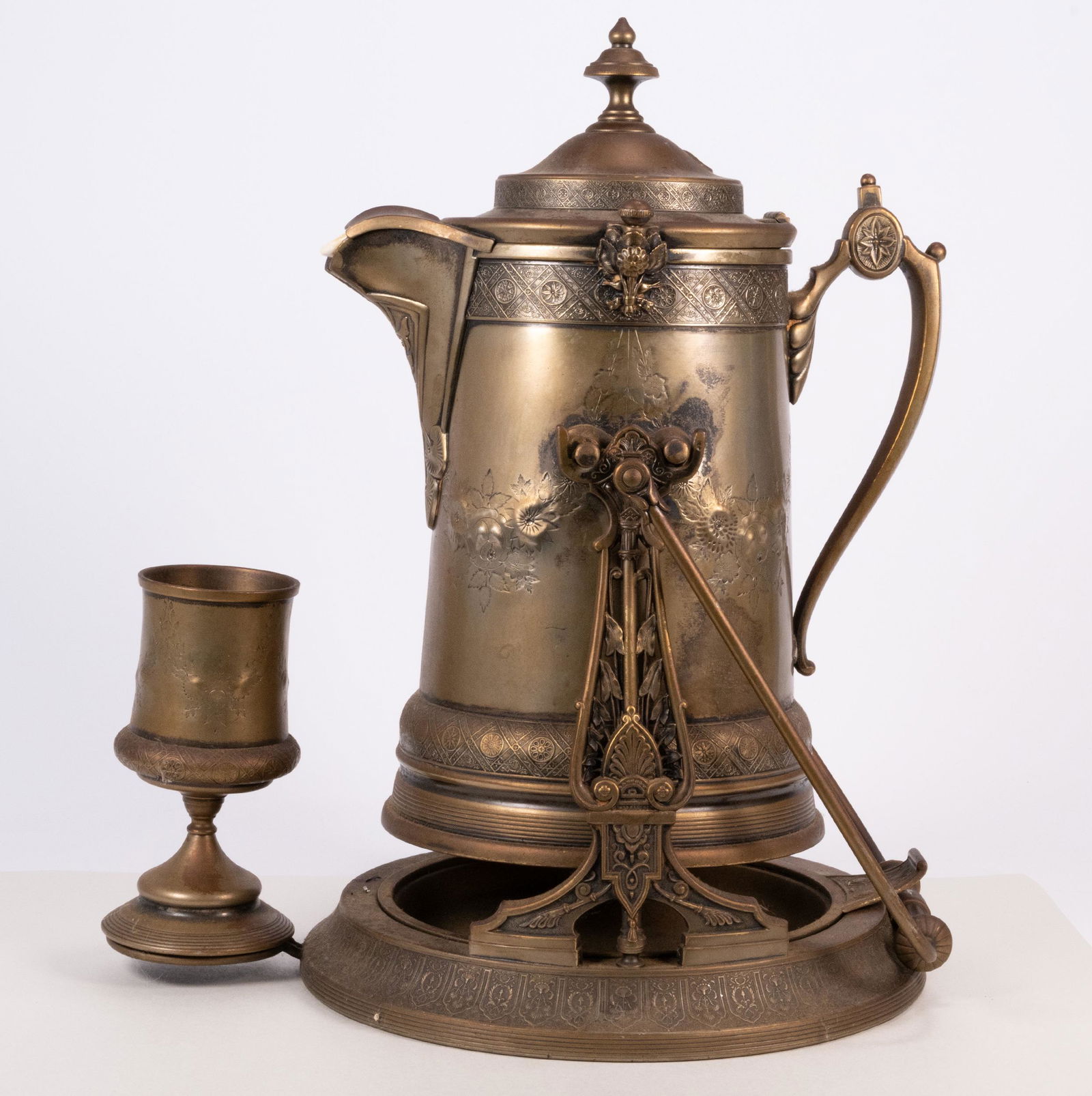 19th c. Victorian Reed & Barton Water Jug: Antique Victorian 19th Century Reed and Barton 1879 Tilting Tea Water Ice Wine Jug with Chalice Engraved Underneath Pitcher " 1865 MFD & Plated by Reed & Barton Patented Aug 4 1868 AY 18 1879 " with F