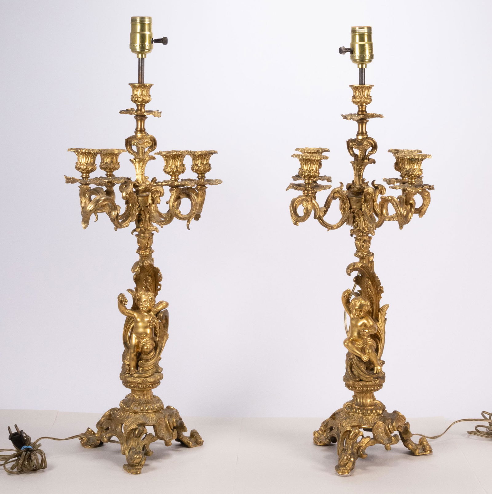 Dore Bronze Cupid Candelabra Mounted as Lamp Pair (1 of 5)