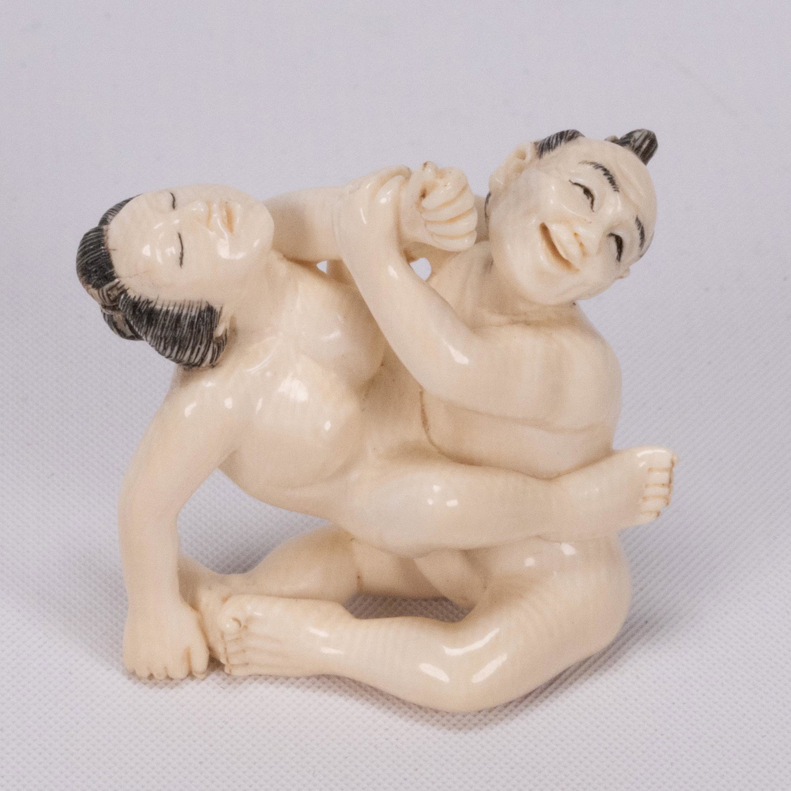 Chinese Bone Carved Erotic Netsuke Figurine: Chinese or Japanese Bone or White Coral Carved Erotica Nude Netsuke Figurine Decpicting Kamasutra Scene Of a Copulating Couple High Detail Character Hallmark Mark Marking Stamped Underneath 1.25" H x 