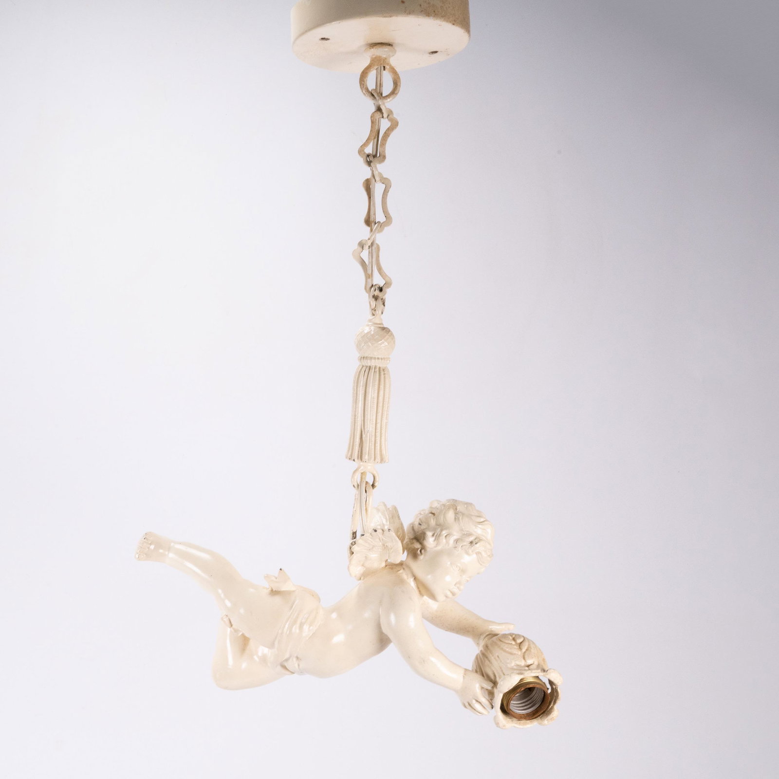 Art Nouveau Cupid Light Fixture: Victorian Era Art Nouveau Cupid Cherub Angel White Painted Spelter Metal Figural Hanging Ceiling Light Fixture Chandelier Lamp Scone 21" L In Overall Good Condition Please look at Photos Closely nude 