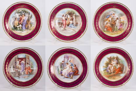 Pauly & Co Venezia Hand Painted Porcelain Charger Lot: Pauly & Co. Venezia Hand Painted Porcelain Charger Set of 6 Six Allegorical Scene Stamed marked in Bottom " Pauly & Co. Venezia " All in Good Condition No Chips or Cracks kpm royal vienna bowl footed