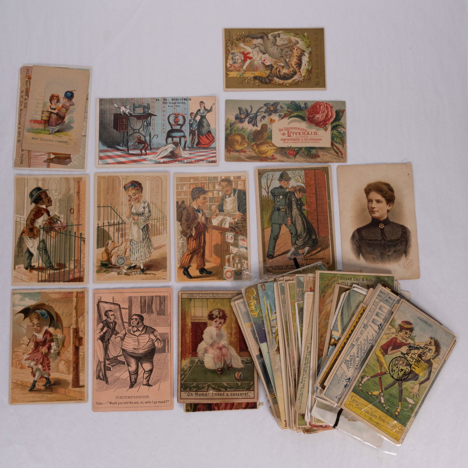 Victorian Trade Cards Lot: Antique Victorian Trade Post War Card Lot Cartoon Character Advertising Approx 40-50 Trade Card for Sporting Life Newspaper Pre-War Card 1882 threatening an Umpire with a Gun "Umpire Must Make A Judgm