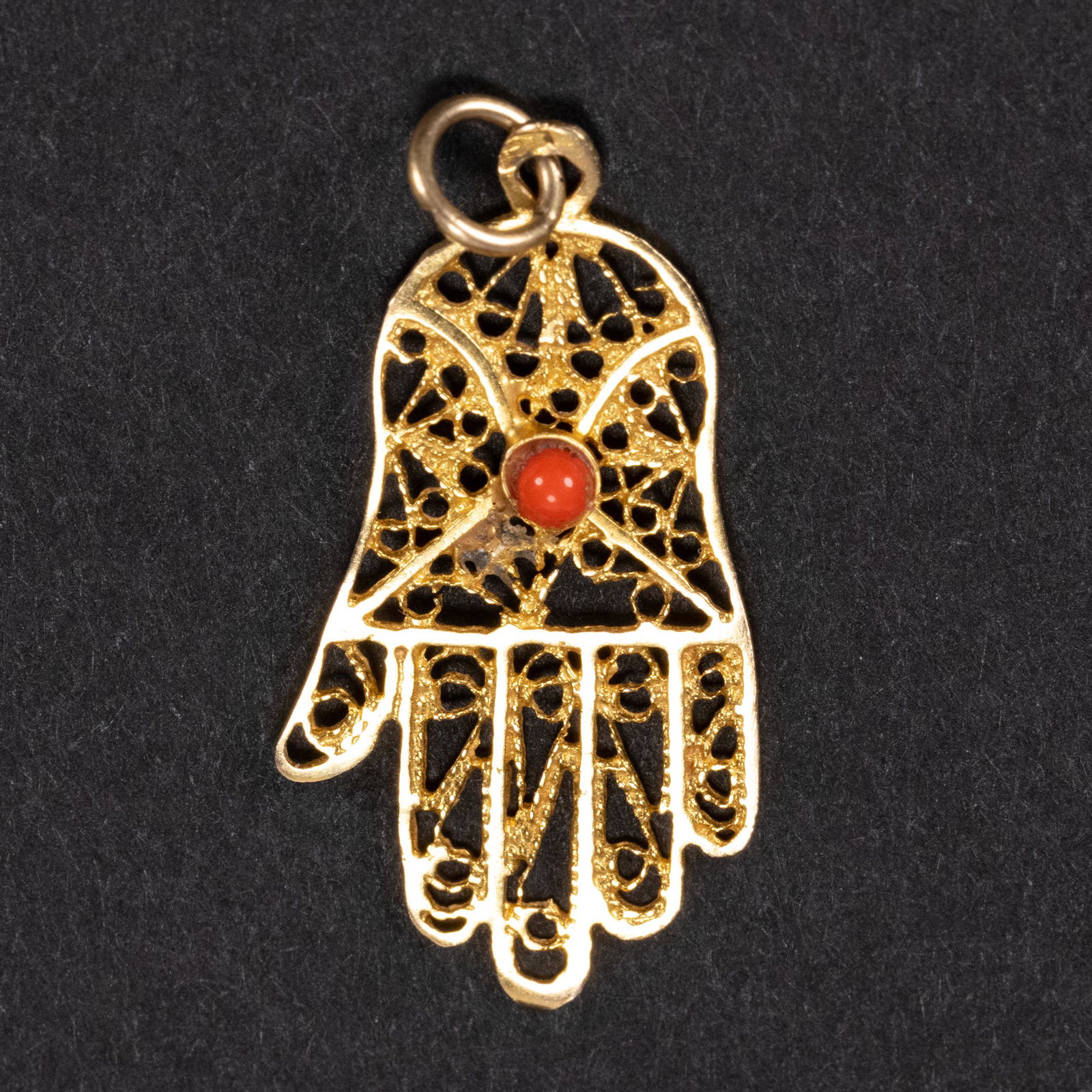 14k Gold Hamzha with Round Red Coral Pendant (1 of 2)