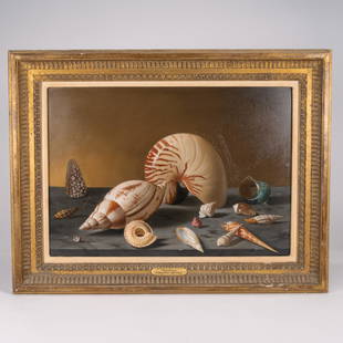 Fernand Renard (French, 1912-1990) "Coquillages": Fernand Renard ( French 1912-1990 ) Still Life with Shells " Coquillages " Signed Renard Lower Right 22 3/4" L 17 1/2" H Art 18" L 13" H Center Bronze Plaque with Title & Artist Various Seashells Moll