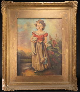 19th c.Victorian Oil Portrait of a Young Girl Signed: 19th Century Victorian Oil on Canvas Portrait of a Girl " Chums " by Jane Freeman Attributed Signed J Collazzi Lower Right 33" H 28" L Art 26" H 22 1/2" L American School Folk Art Girl Holding a Cat O