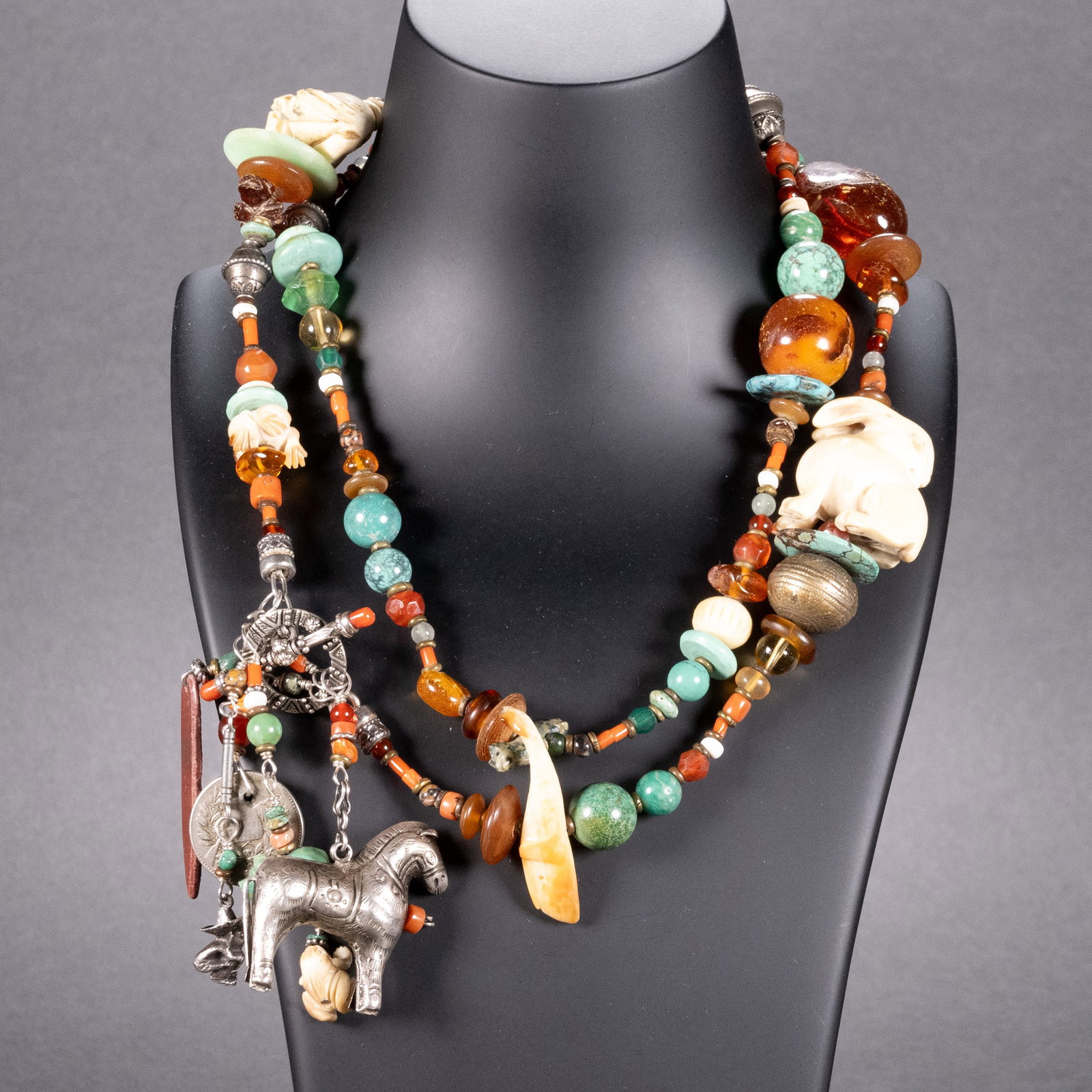 Zuni Native American Fetish Necklace: Vintage Native American Zuni Fetish Necklace With Stones Turquoise Coral Jadeite Carnelian Amber Hand Carved Bone Depicting Animals - Frog Rabbit Whale Horse Frog Metal Coin - Republica Guatemala 1 Re