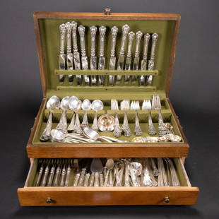 Antique Gorham Sterling Silver Flatware Chantilly Pattern Service 168 Pieces: Gorham Sterling Silver American Flatware Chantilly Pattern Service In Wood Case With Solid Brass Knobs and Handles Circa Late 19th Century Total Weight Of Sterling Silver(Without Dessert, Dinner,Lunch