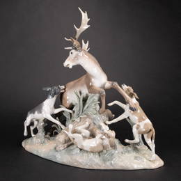 Large Lladro Grouping Sculpture Buck Hunters 01001238 RARE