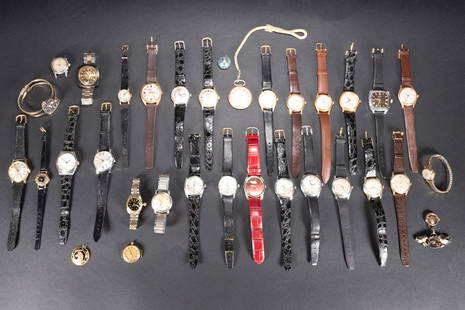 Large Wrist Watch Lot: Large Wristwatch Lot of Over 30 Watches Sport Casual Dress Leather and Metal Bands Collection Various Brand ModelLot May Contain Watches From Companies Such As Timex Seiko Rolex Gruen Citizen Andre Bo